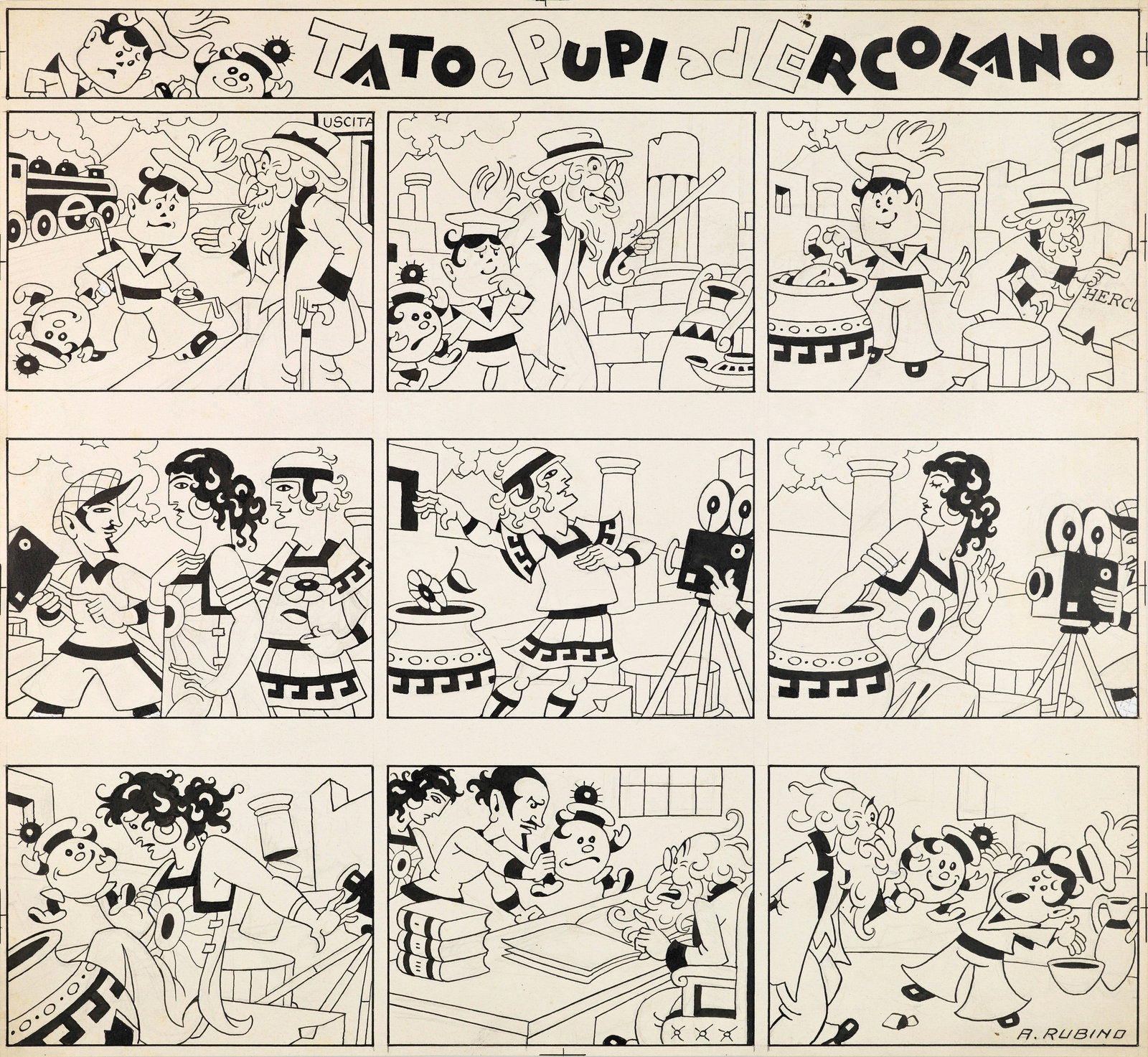 Rubino Antonio - "Tato e Pupi ad Ercolano", 1930: Rubino Antonio - "Tato e Pupi ad Ercolano", 1930 ITA matita e china su cartoncino, 43 x 39,5 cm Tavola originale realizzata da Rubino intitolata "Tato e Pupi ad Ercolano", pubblicata