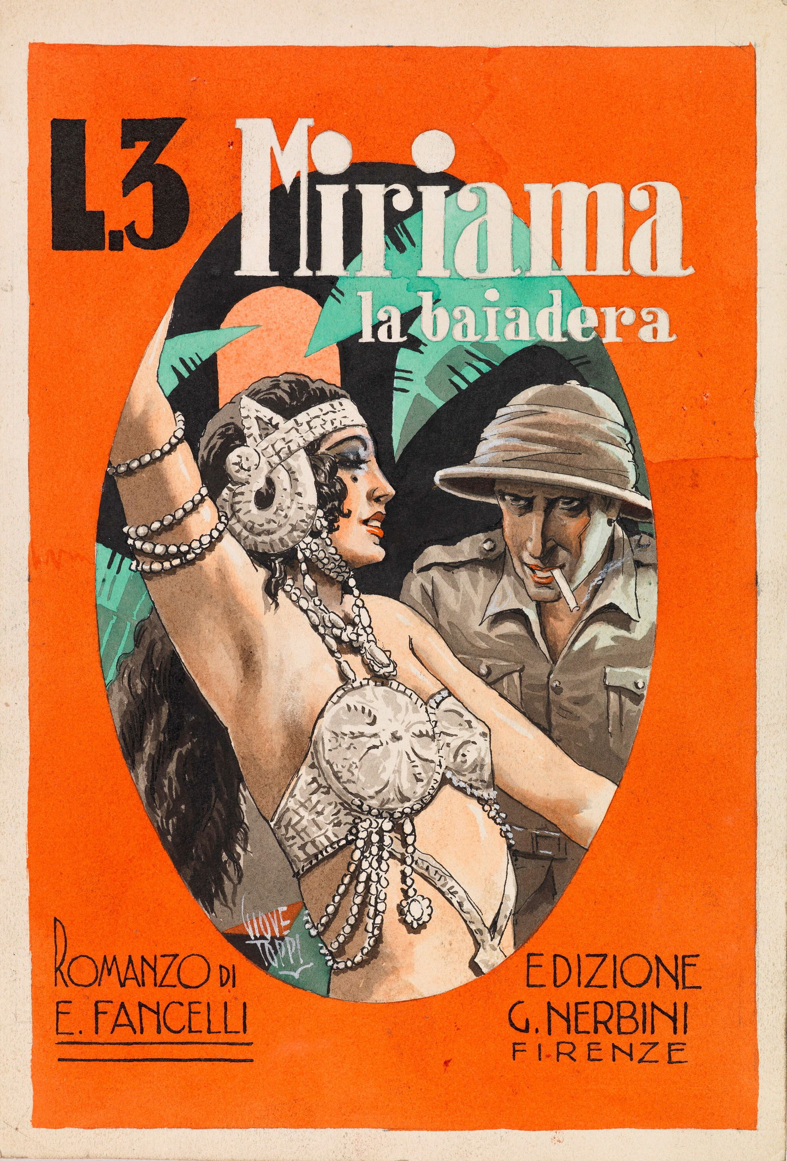 Toppi Giove - "Miriama", 1930: Toppi Giove - "Miriama", 1930 ITA tempera su cartone, 16 x 23 cm Originale di copertina realizzato da Toppi per il romanzo "Miriama" di E. Fancelli, edito dalla Nerbini nel 1930. Firm