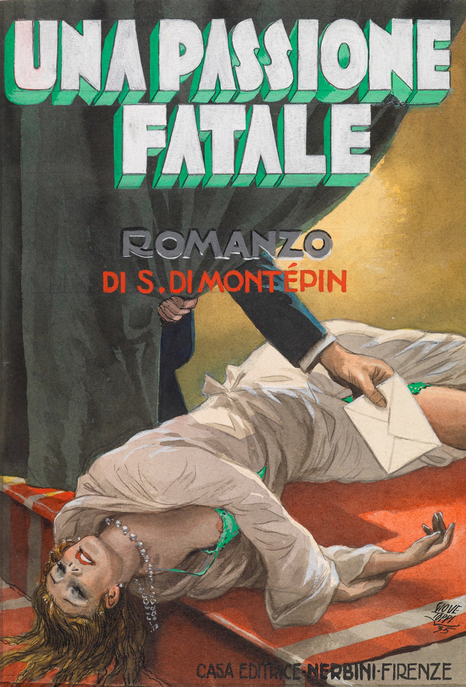 Toppi Giove - "Una passione fatale ", 1935: Toppi Giove - "Una passione fatale ", 1935 ITA tempera su cartone, 16,5 x 23,5 cm Originale di copertina realizzato da Toppi per il romanzo "Una passione fatale " di Saverio di Montep