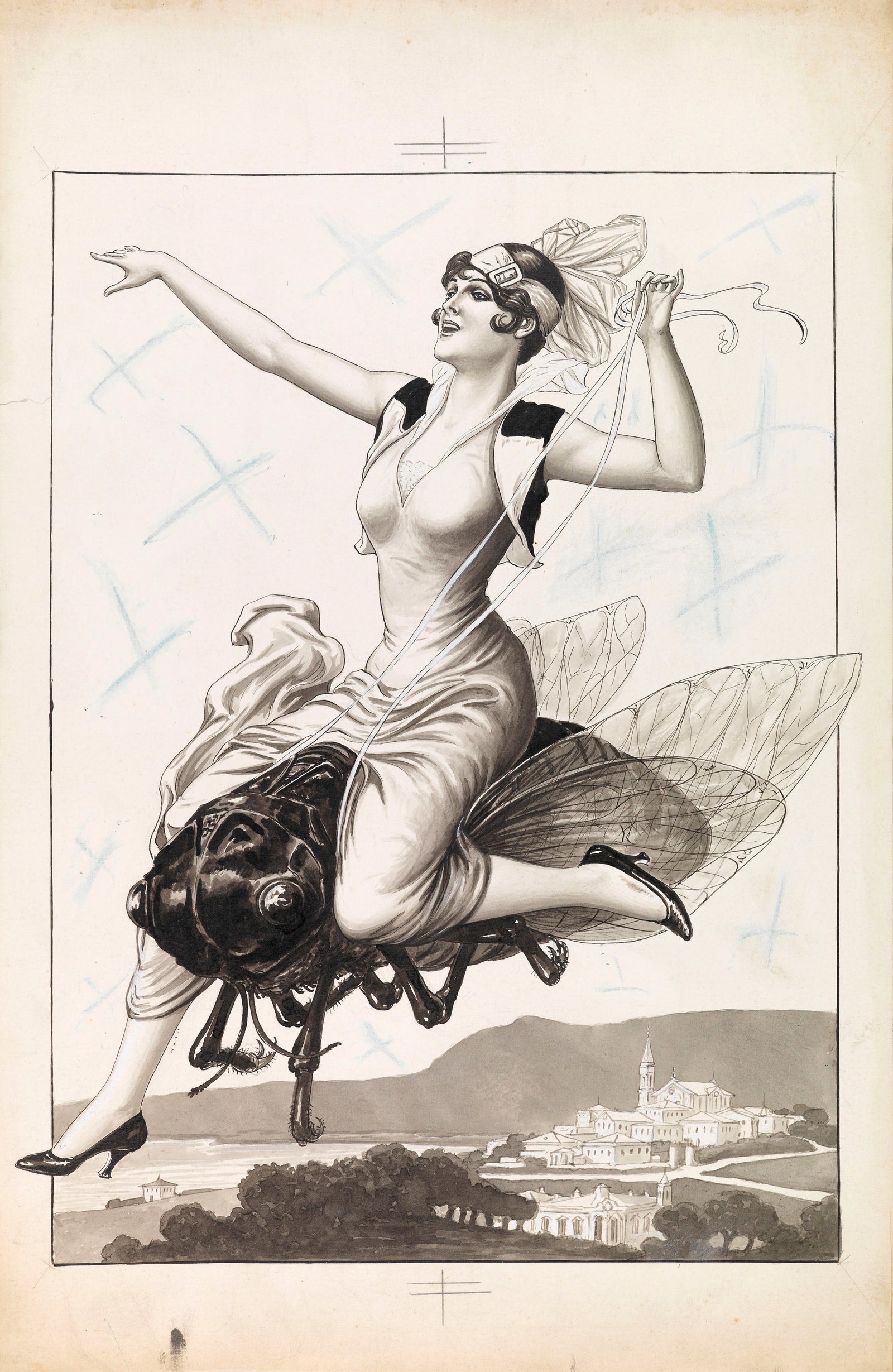 Toppi Giove - "La mosca", anni 20: Toppi Giove - "La mosca", anni 20 ITA china e tempera su cartoncino, 29 x 44,5 cm Originale di copertina realizzato da Toppi per la rivista La Sigaretta, edito da Nerbini durante gli anni ’