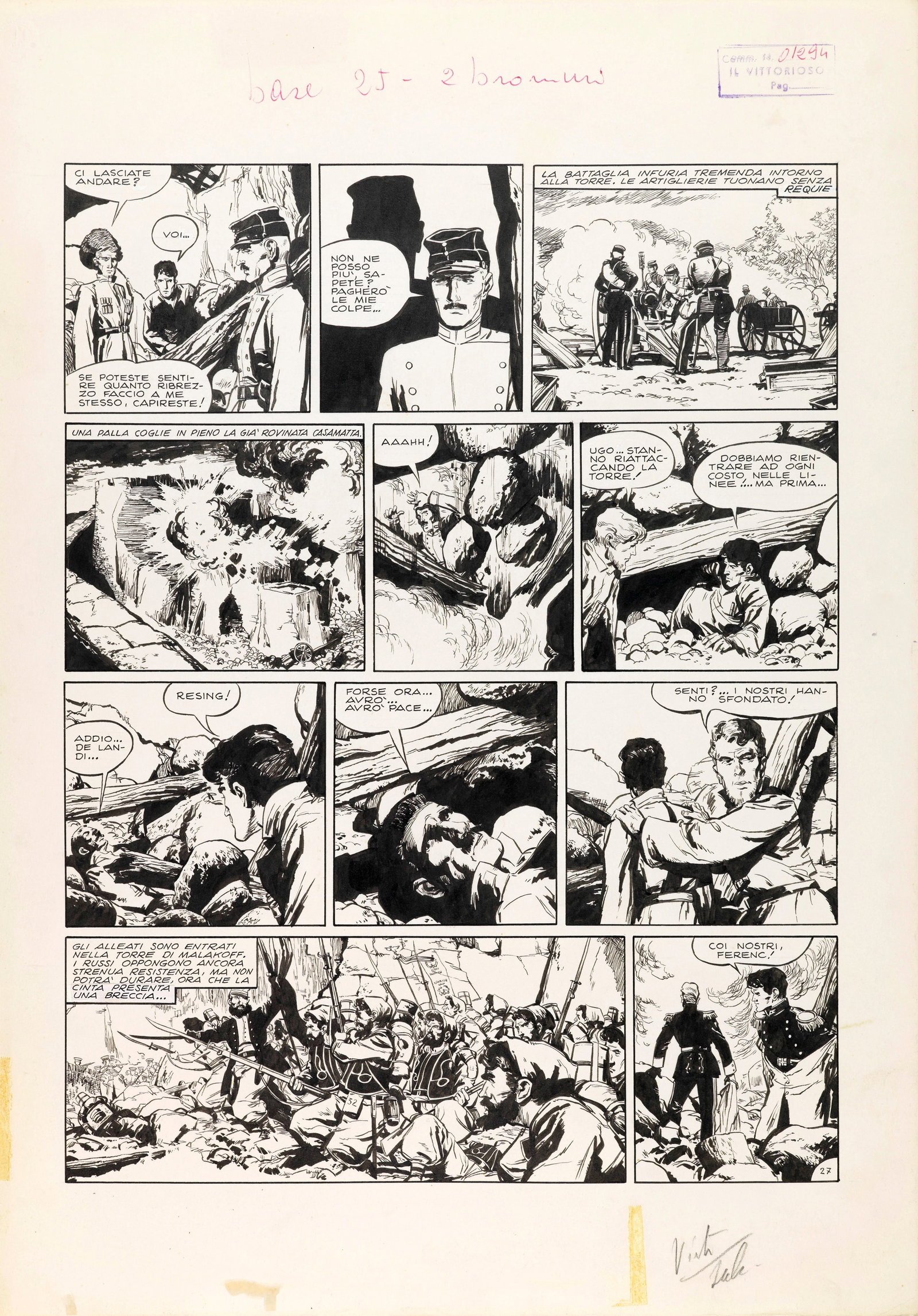 Battaglia Dino - "Bersaglieri di Crimea", 1956: Battaglia Dino - "Bersaglieri di Crimea", 1956 ITA matita e china su cartoncino, 36,5 x 51 cm Tavola originale realizzata da Battaglia per la pag. 27 dei "Bersaglieri di Crimea", avve