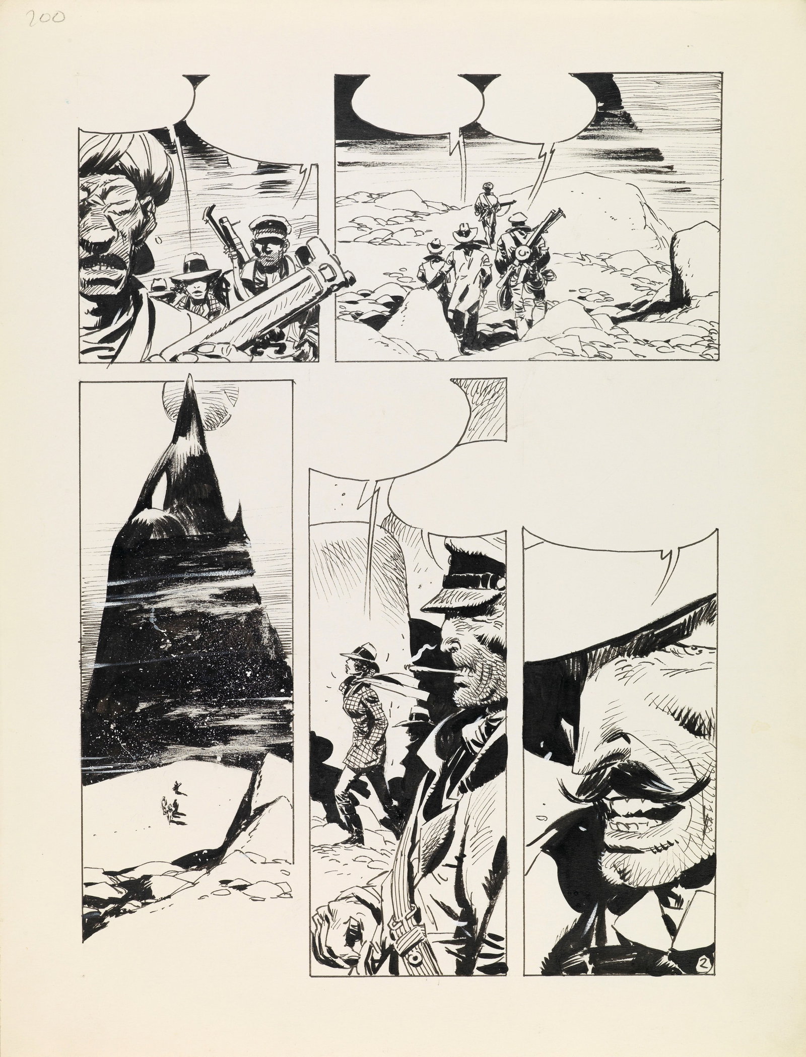 Breccia Enrique - "Un alto en el camino", 1990: Breccia Enrique - "Un alto en el camino", 1990 ITA matita e china su cartoncino, 30,5 x 40 cm Tavola originale realizzata da Breccia per la pag. 2 di "Un alto en el camino", edita per