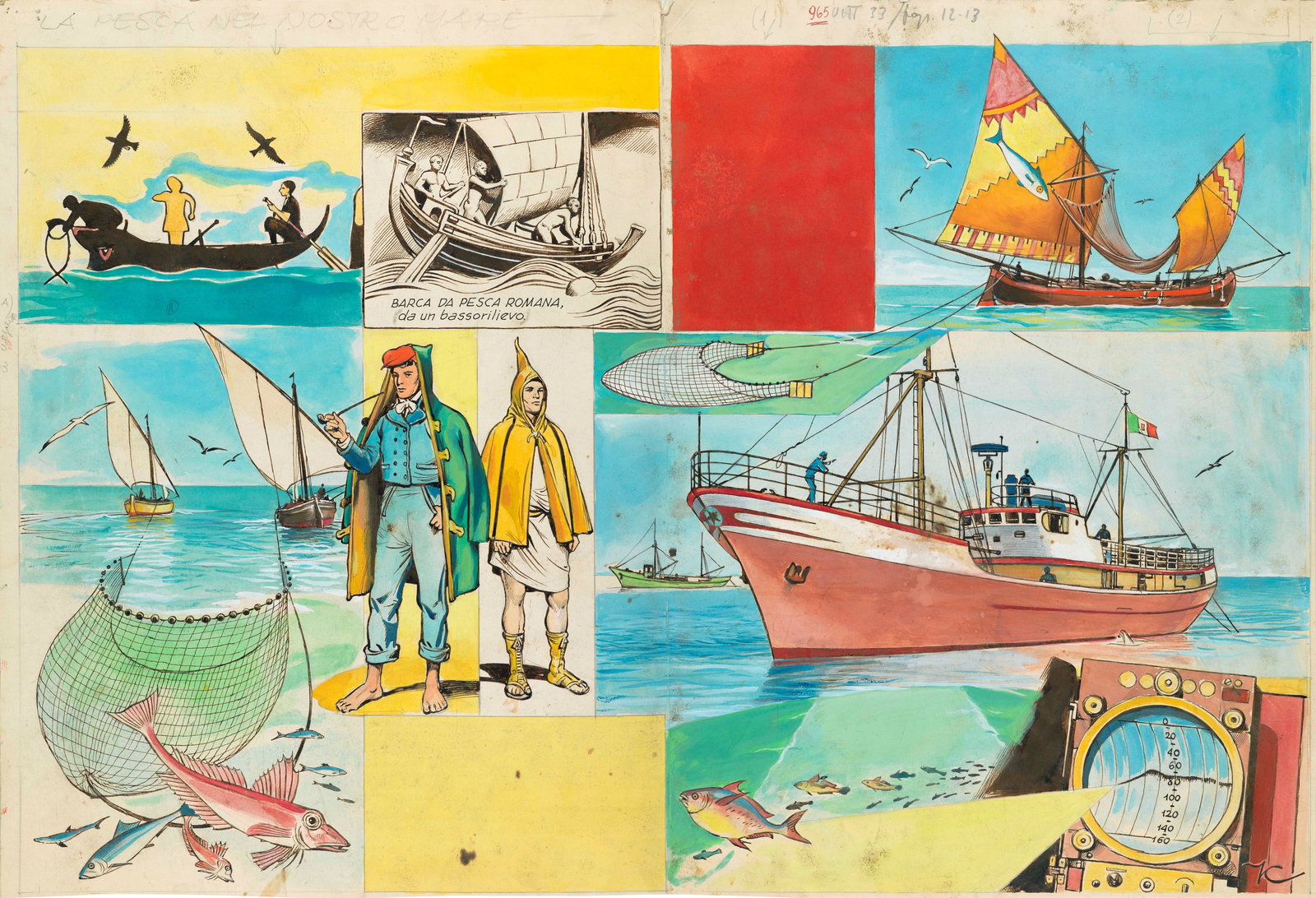 Caprioli Franco - "La pesca nel nostro mare", 1965: Caprioli Franco - "La pesca nel nostro mare", 1965 ITA tempera su cartoncino, 69 x 48 cm Illustrazione originale realizzata da Caprioli edita a doppia pagina su Il Vittorioso n. 33 nel 1965.