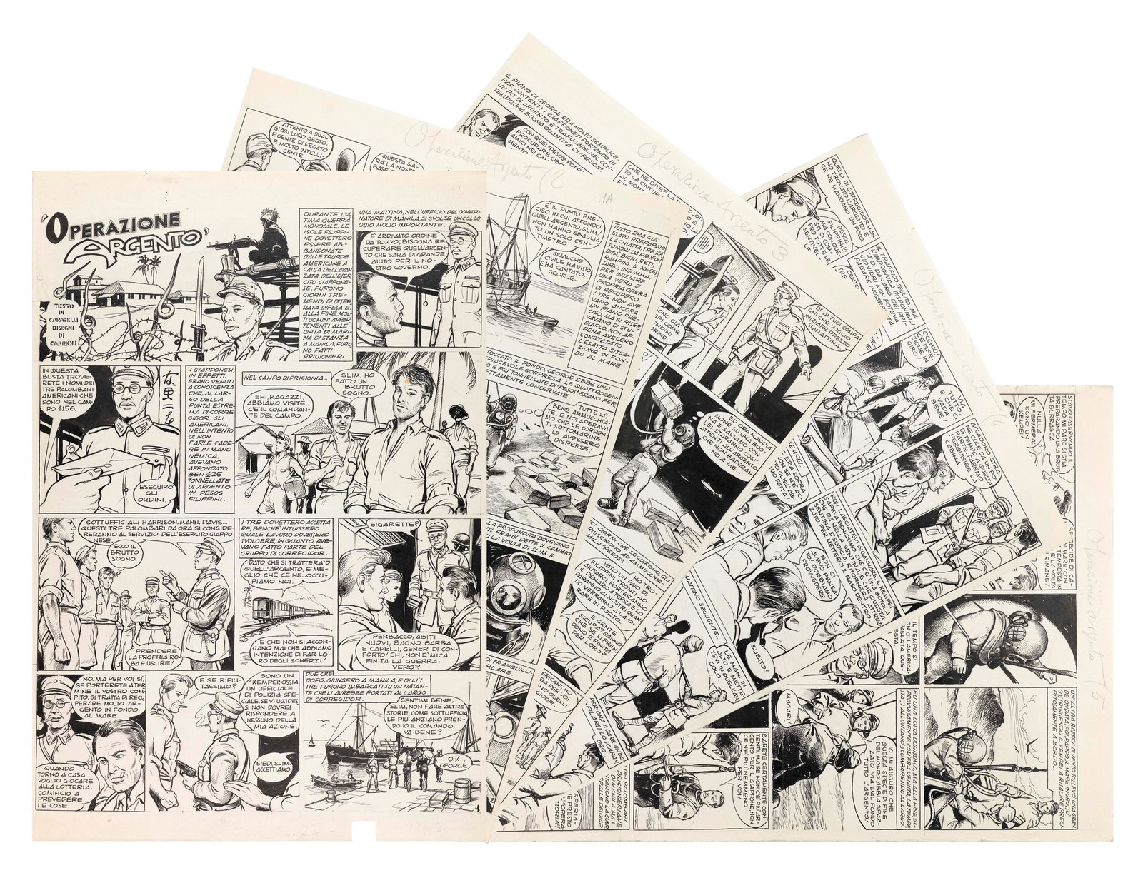 Caprioli Franco - "Operazione Argento", 1963: Caprioli Franco - "Operazione Argento", 1963 ITA matita e china su cartoncino, 38 x 55 cm ciascuno Storia completa composta da 5 tavole originali realizzate da Caprioli per "Operazione