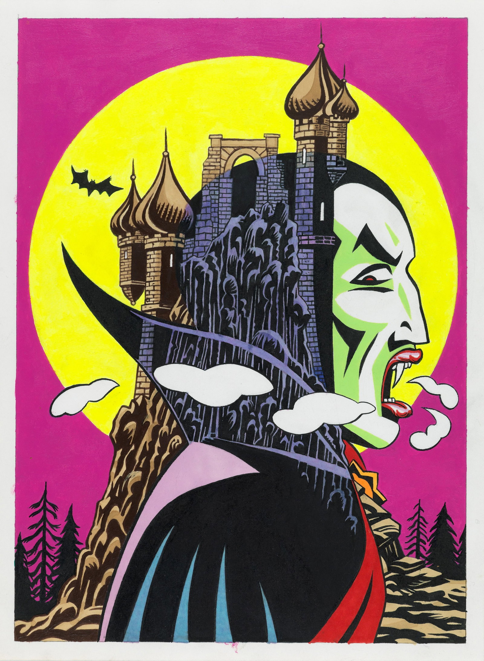 Carpinteri Giorgio - "Dracula", 2025: Carpinteri Giorgio - "Dracula", 2025 ITA tempera su cartoncino, 25 x 33,5 cm Originale di copertina realizzato da Carpinteri per la rivista Linus n. 7 del