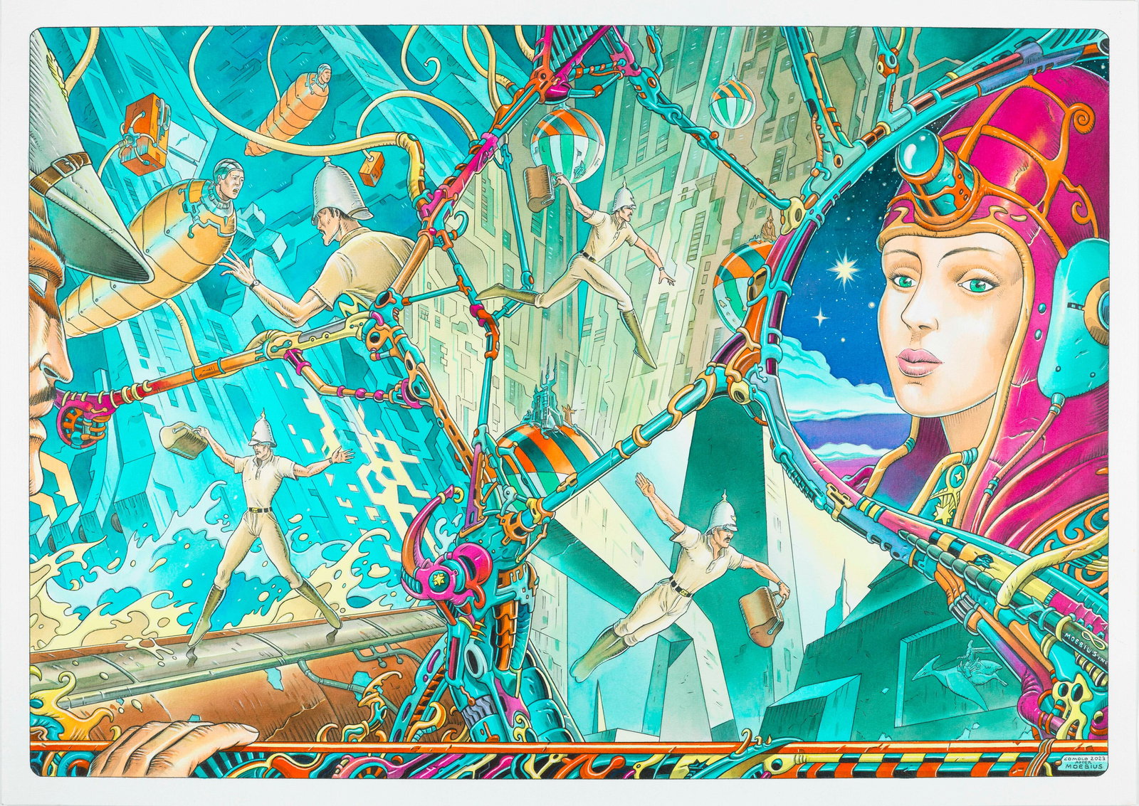 Comolo Giorgio - "Comolo after Moebius", 2023: Comolo Giorgio - "Comolo after Moebius", 2023 ITA matita, china e ecoline su cartoncino, 60 x 42,5 cm Illustrazione originale realizzata da Comolo come omaggio all‘arte visionaria di