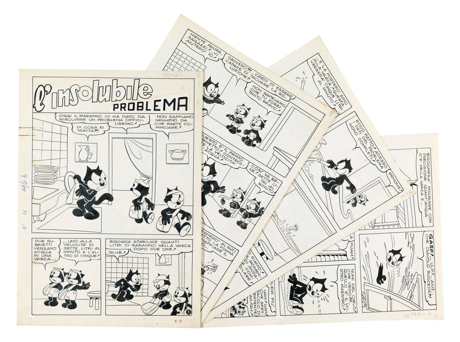 Dossi Sandro - "Felix - L‘isolubile problema", 1963: Dossi Sandro - "Felix - L‘isolubile problema", 1963 ITA matita e china su cartoncino, 19 x 26,5 cm Storia completa composta da 4 tavole originali realizzate da Dossi per "L‘is