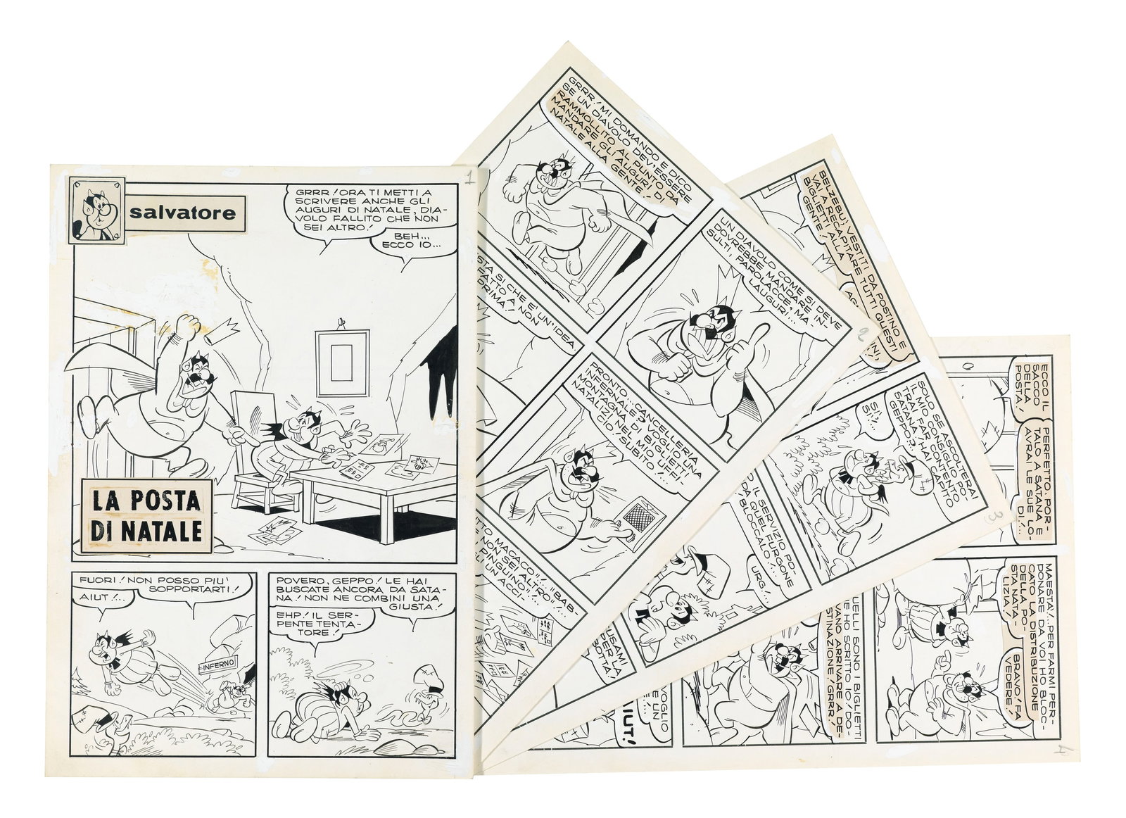 Dossi Sandro - "Geppo - La posta di Natale", anni 70: Dossi Sandro - "Geppo - La posta di Natale", anni 70 ITA matita e china su cartoncino, 17,5 x 25 cm Storia completa composta da 4 tavole originali realizzate da Dossi per "La posta di Nat