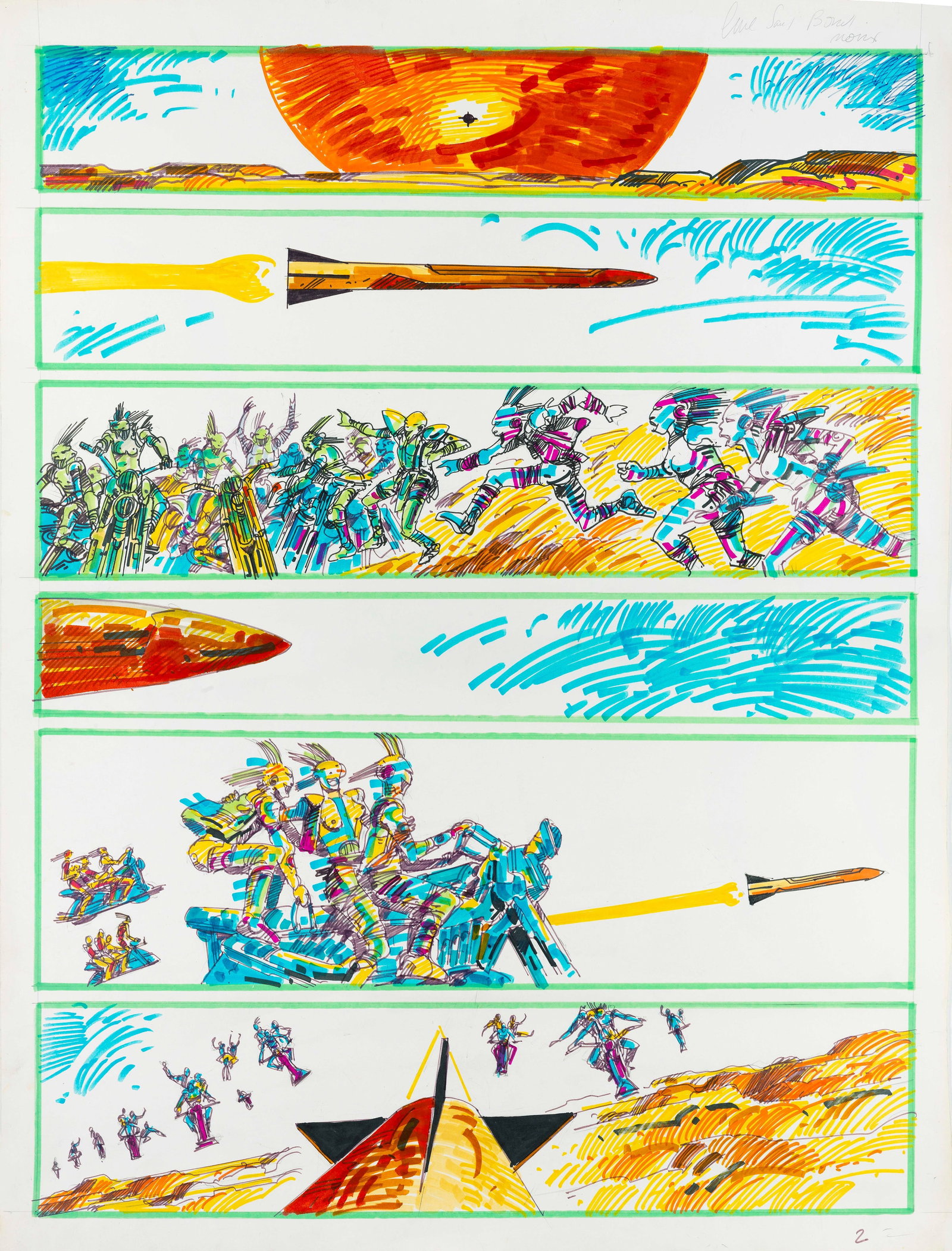 Druillet Philippe - "Un arrive! Un arrive!", anni 70: Druillet Philippe - "Un arrive! Un arrive!", anni 70 ITA matita e pennarelli su cartoncino, 63 x 83 cm Tavola originale di grande formato realizzata da Druillet durante gli anni ‘70 pe