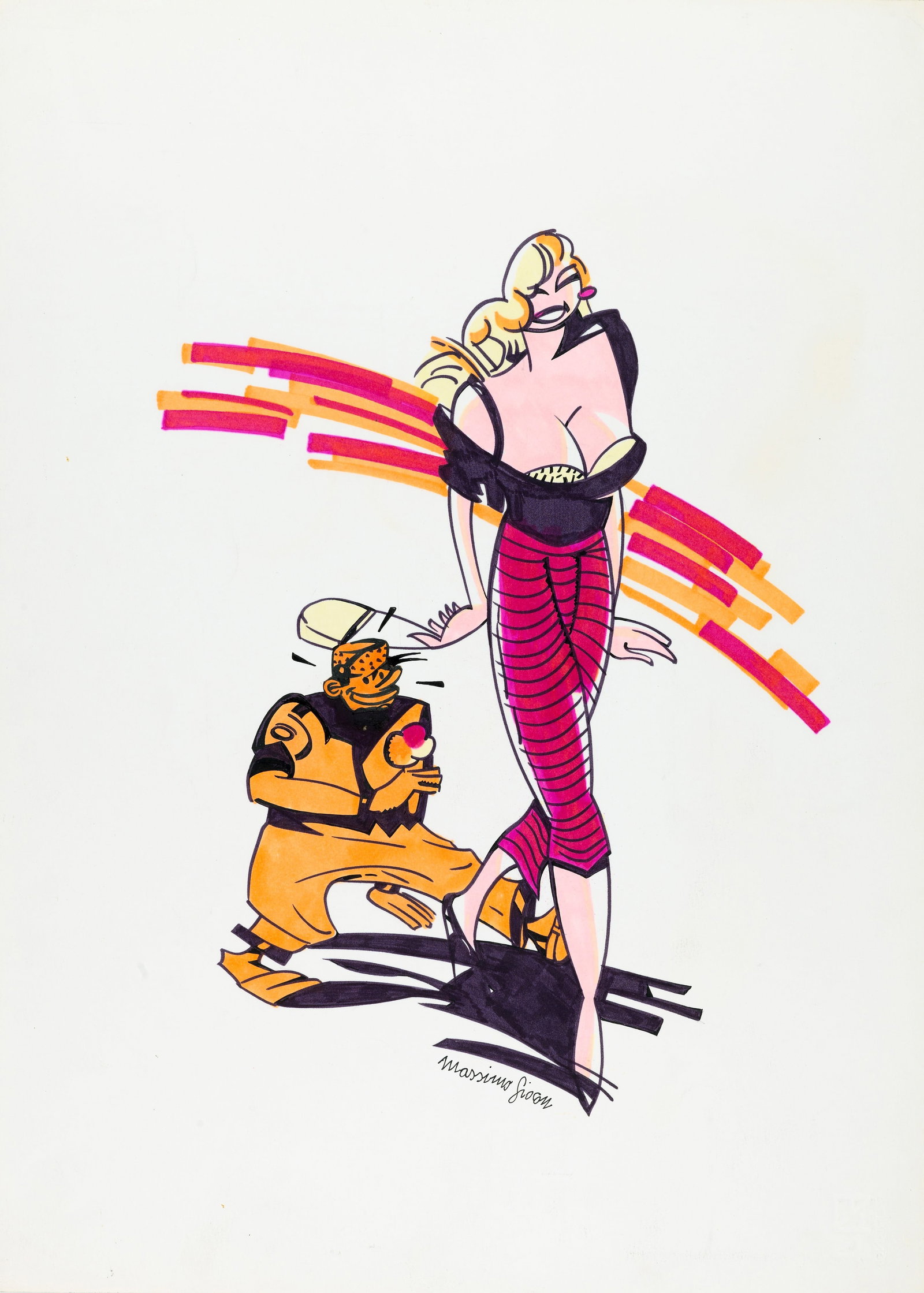 Giacon Massimo - "T-shirt", anni 90: Giacon Massimo - "T-shirt", anni 90 ITA china e pennarelli su cartoncino, 34 x 48 cm Illustrazione originale realizzata da Giacon per il progetto grafico di una t-shirt. Firmata._____________