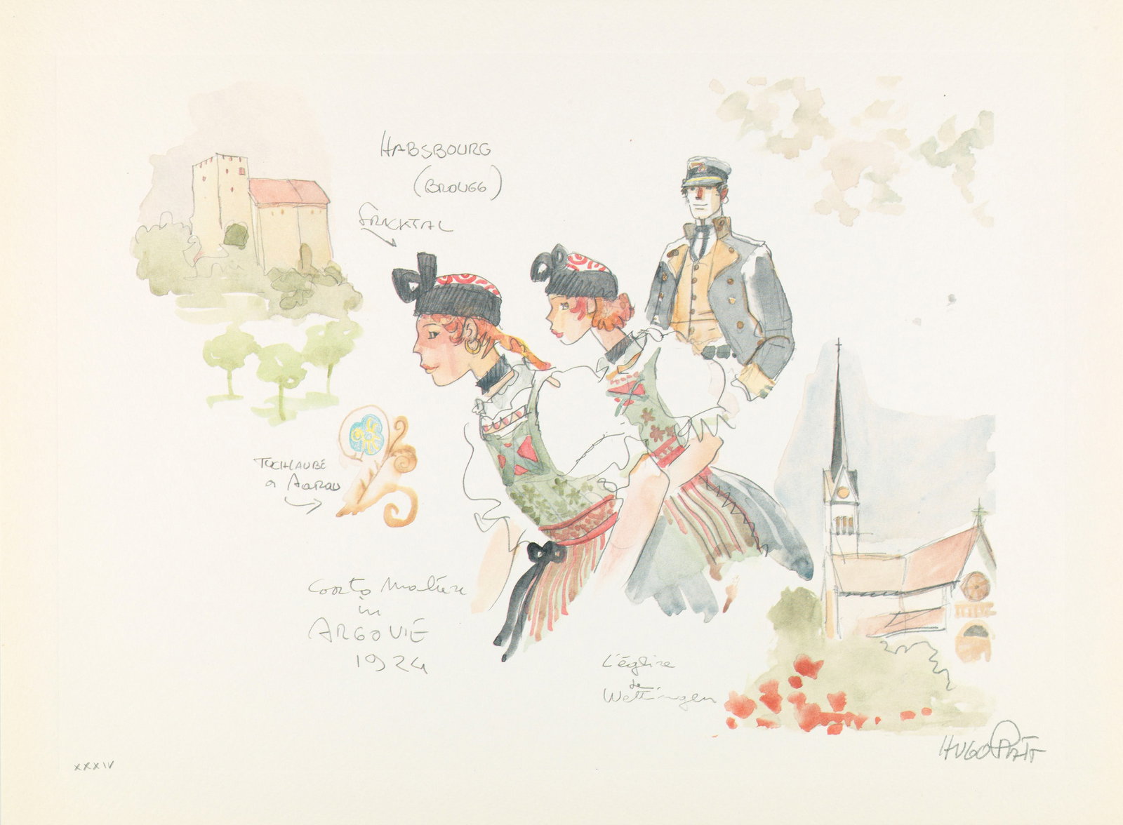 Pratt Hugo - "...et in Helvetia Corto", 1991: Pratt Hugo - "...et in Helvetia Corto", 1991 ITA litografia su cartoncino, 30 x 40 cm Litografia a colori impressa su cartoncino di pregio Fabriano facente parte del portfolio "...et in H