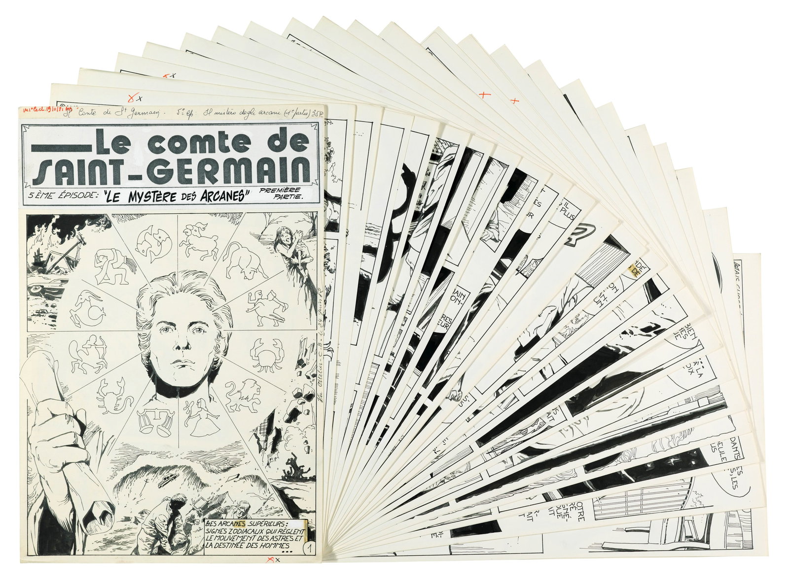 Saint Germain (Luciano Bernasconi) - "Le Comte de Saint-Germain - Le mystère des: Saint Germain (Luciano Bernasconi) - "Le Comte de Saint-Germain - Le mystère des arcanes", 1982 ITA matita e china su cartoncino, 22,5 x 34 cm Storia completa composta da 35 tavole origi