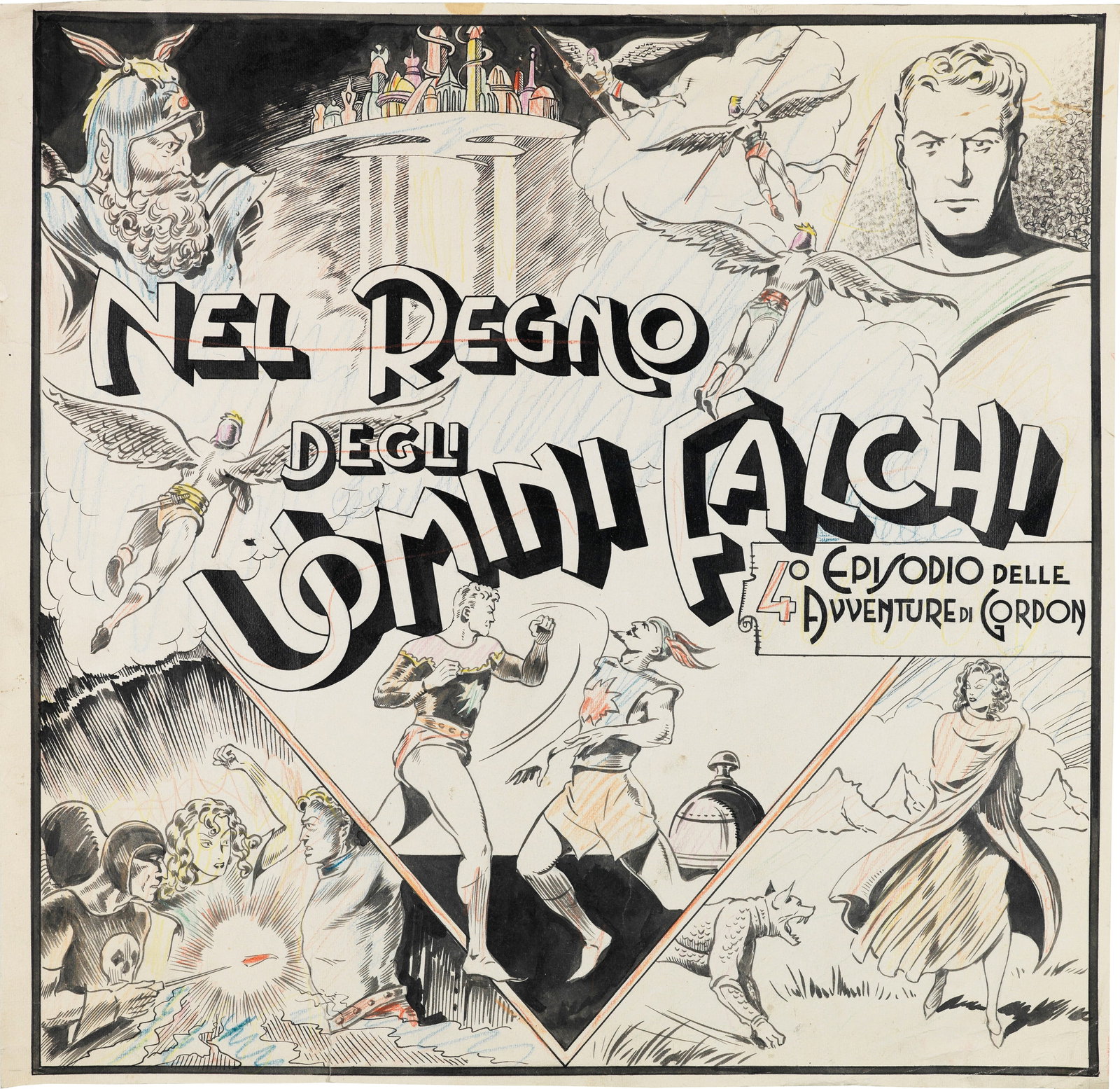 A.N.I. (Autore non identificato) - "Flash Gordon - Nel Regno degli Uomini Falchi", 1946: A.N.I. (Autore non identificato) - "Flash Gordon - Nel Regno degli Uomini Falchi", 1946 ITA pastello e china su cartoncino, 40,5 x 39,5 cm Originale di copertina realizzato per "Nel