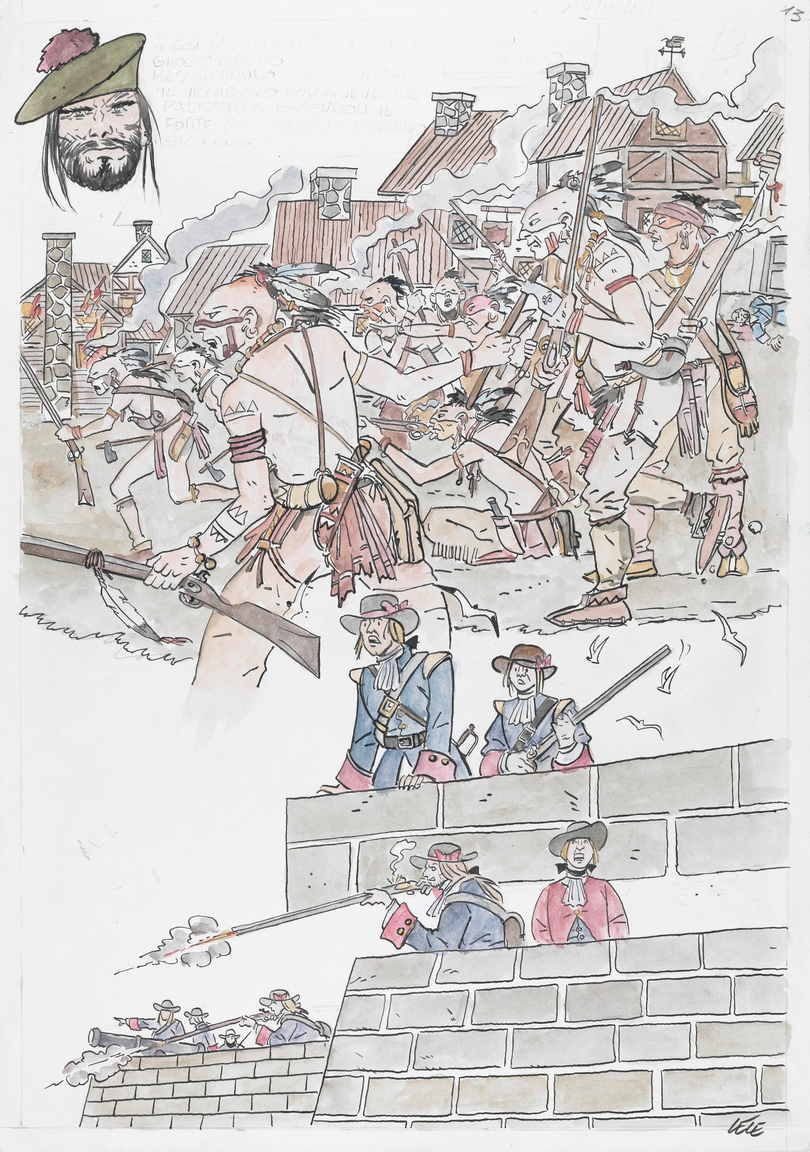 Vianello Lele - "Deerfield 1704: Attacco a Fort William Henry", 2021: Vianello Lele - "Deerfield 1704: Attacco a Fort William Henry", 2021 ITA matita, china e acquerello su cartoncino, 35 x 50 cm Tavola originale realizzata da Vianello per l‘edizione delu