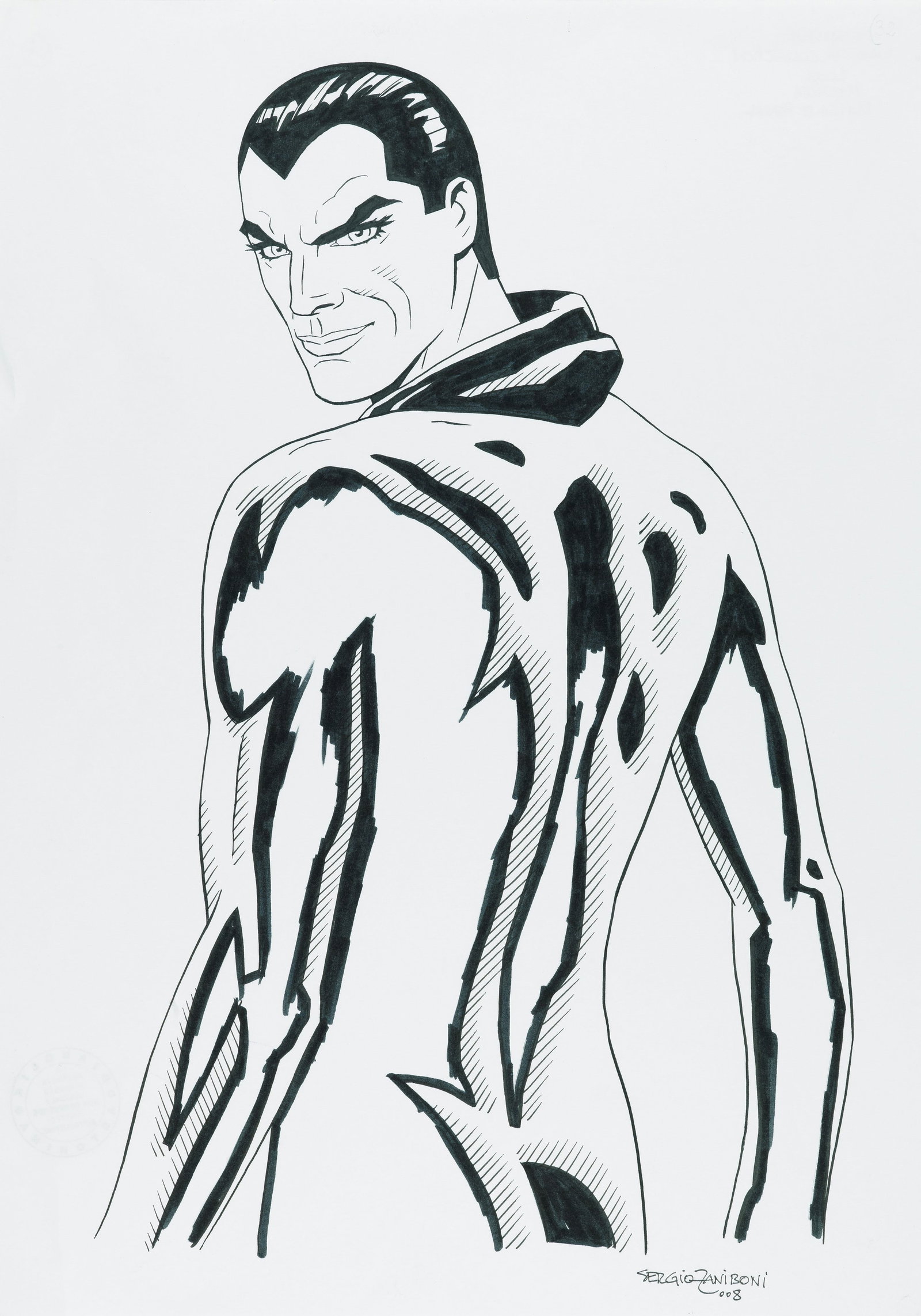 Zaniboni Sergio - "Diabolik", 2008: Zaniboni Sergio - "Diabolik", 2008 ITA matita e china su cartoncino, 29,5 x 42 cm Illustrazione originale realizzata da Zaniboni nel 2008 raffigurante Diabolik. Grafico pubblicitario e