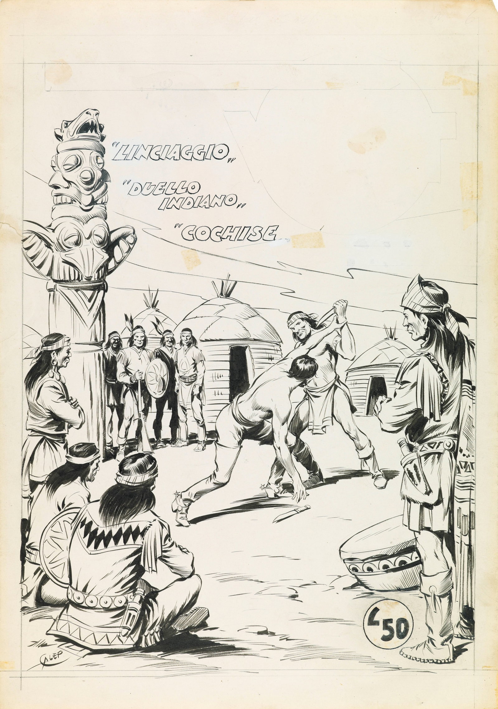 Galleppini Aurelio - "Le avventure del West - Duello indiano", 1954: Galleppini Aurelio - "Le avventure del West - Duello indiano", 1954 ITA matita e china su cartoncino, 25,5 x 36 cm Originale di copertina realizzato da Galep per Le avventure del west - Prima