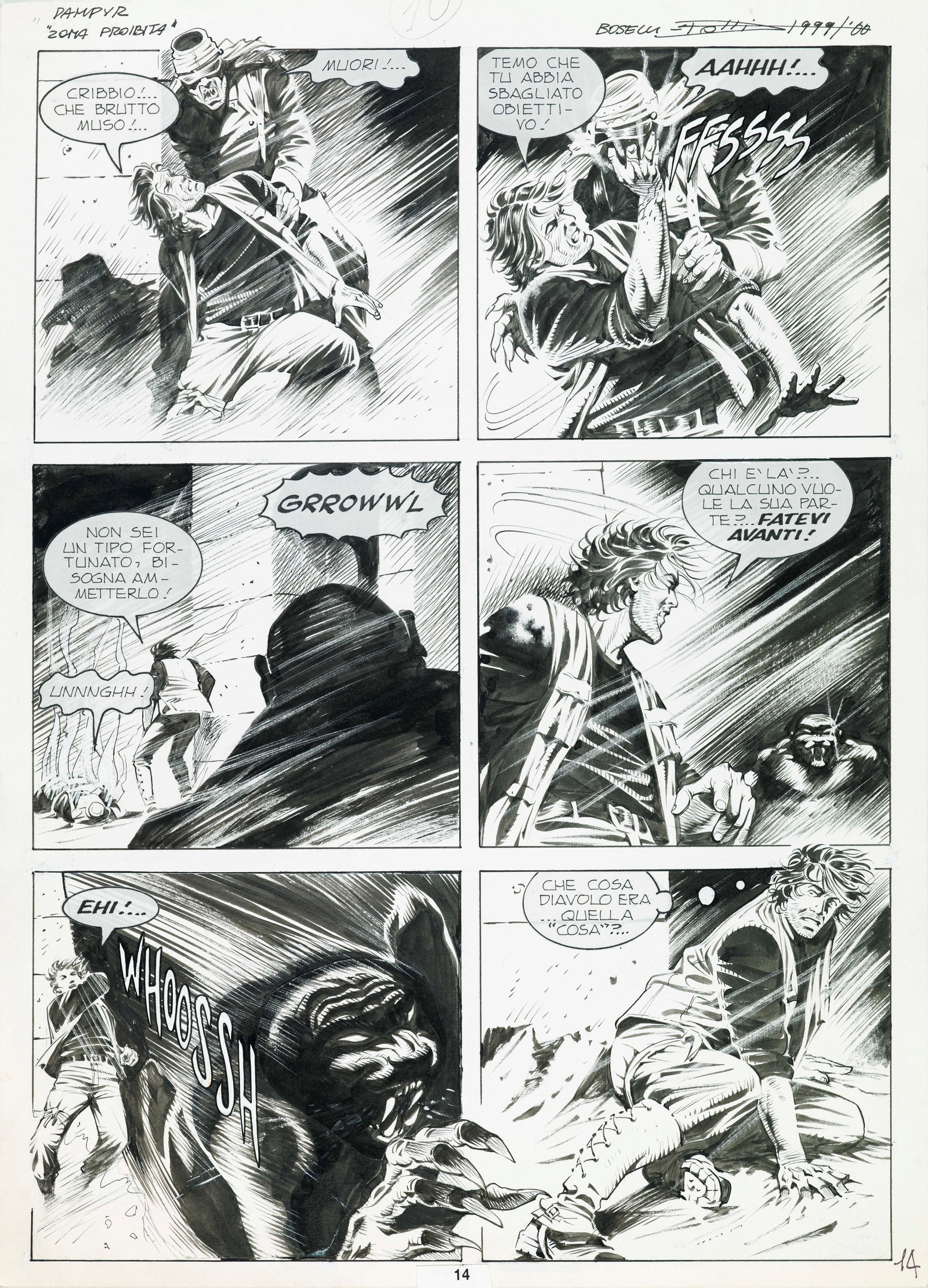 Dotti Maurizio - "Dampyr - Zona proibita", 2000: Dotti Maurizio - "Dampyr - Zona proibita", 2000 ITA matita e china su cartoncino, 25,5 x 36,5 cm Tavola originale realizzata da Dotti per "Zona proibita", edita su Dampyr n. 7 a pag.