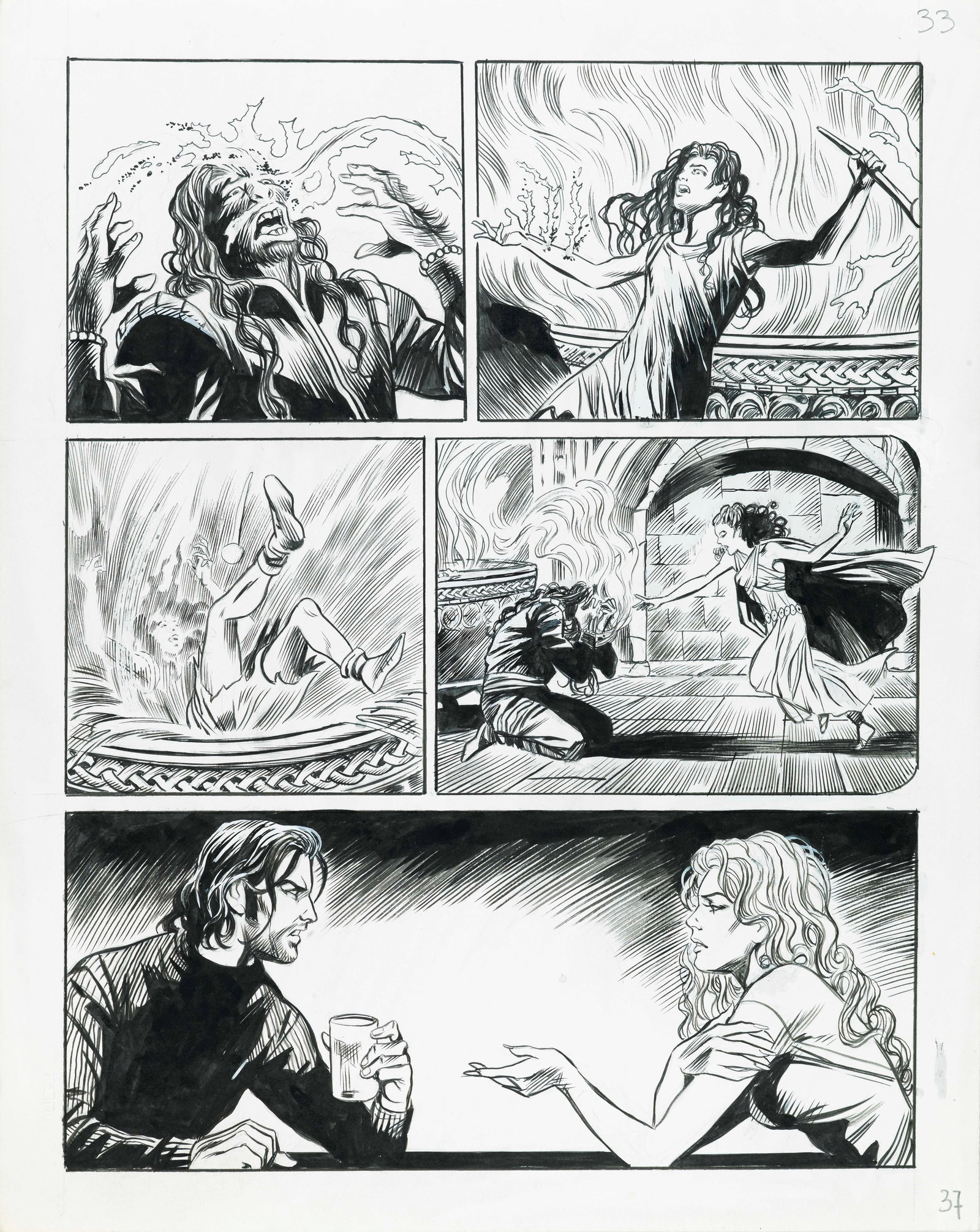 Laurenti Mauro - "Dampyr - Taliesin il bardo", 2015: Laurenti Mauro - "Dampyr - Taliesin il bardo", 2015 ITA matita e china su cartoncino, 30 x 38 cm Tavola originale realizzata da Laurenti per "Taliesin il bardo", edita su Dampyr n. 18