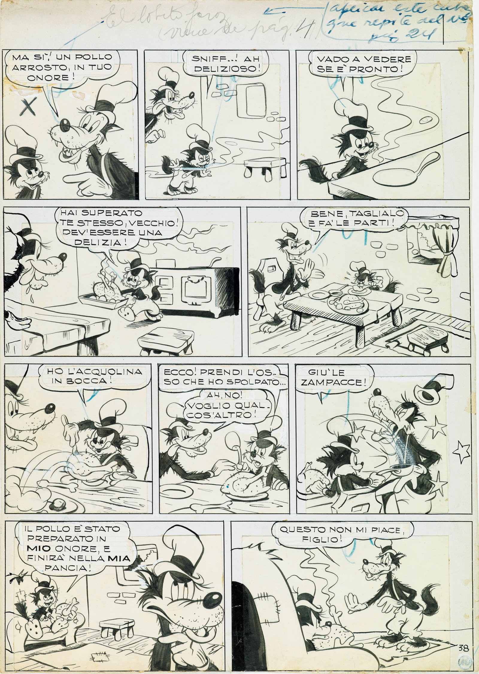 Destuet Luis - "Il Lupo Cattivo e il sortilegio", 1957: Destuet Luis - "Il Lupo Cattivo e il sortilegio", 1957 ITA matita e china su cartoncino rimontato, 22 x 30,5 cm Tavola originale realizzata dall’artista argentino Destuet per “Il Lupo Cat