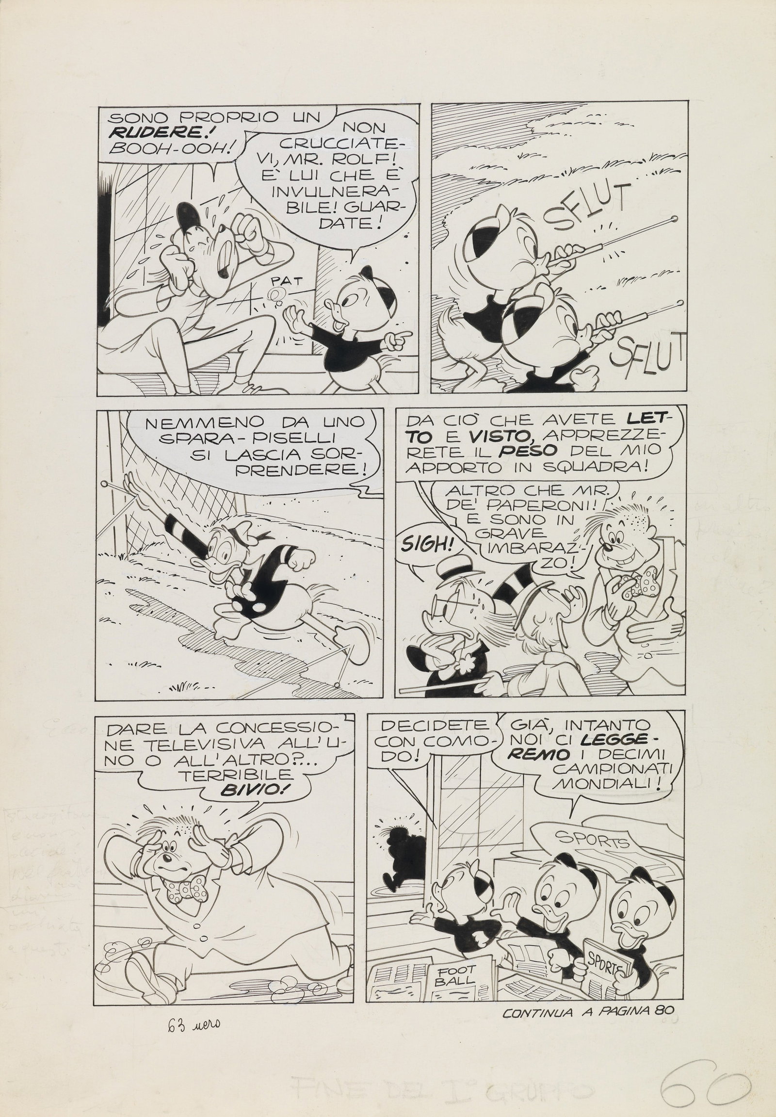 Scarpa Romano - "Paperino ai mondiali di calcio", 1974: Scarpa Romano - "Paperino ai mondiali di calcio", 1974 ITA matita e china su cartoncino, 25,5 x 36,5 cm Tavola originale realizzata da Scarpa per "Paperino ai mondiali di calcio", edi