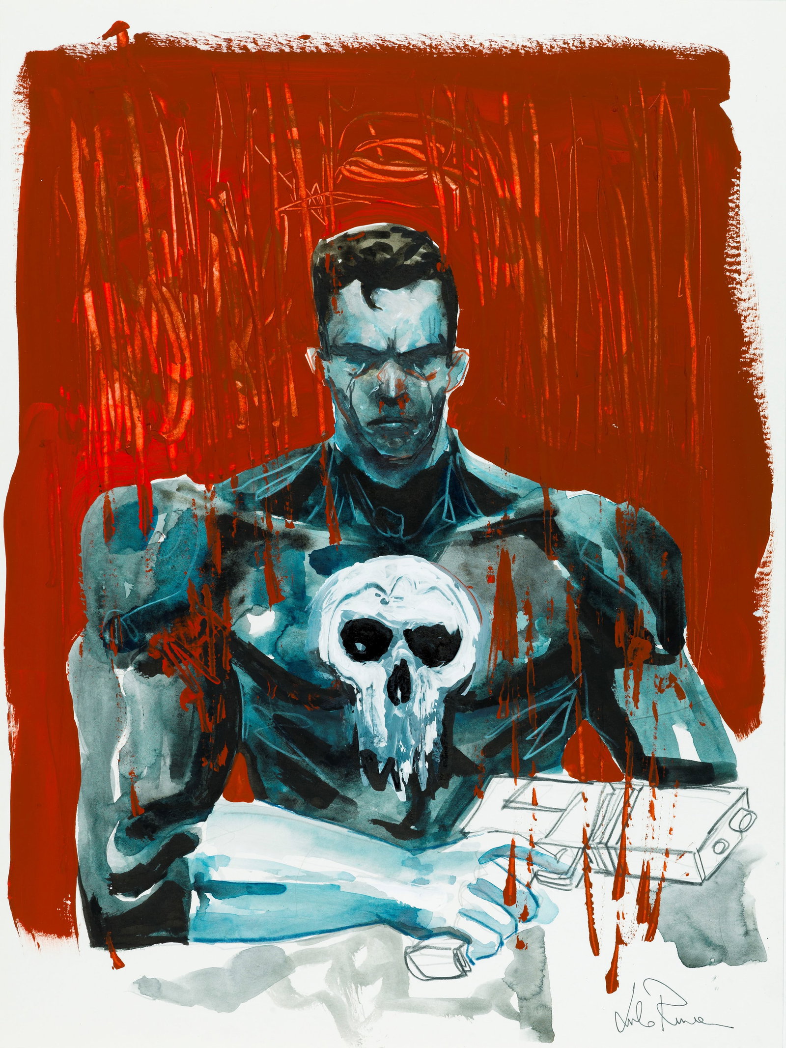 Rincione Giulio - "The Punisher", anni 2020: Rincione Giulio - "The Punisher", anni 2020 ITA tecnica mista su cartoncino, 30 x 40 cm Firmato.________________________________________________________________ENG mixed media on thin