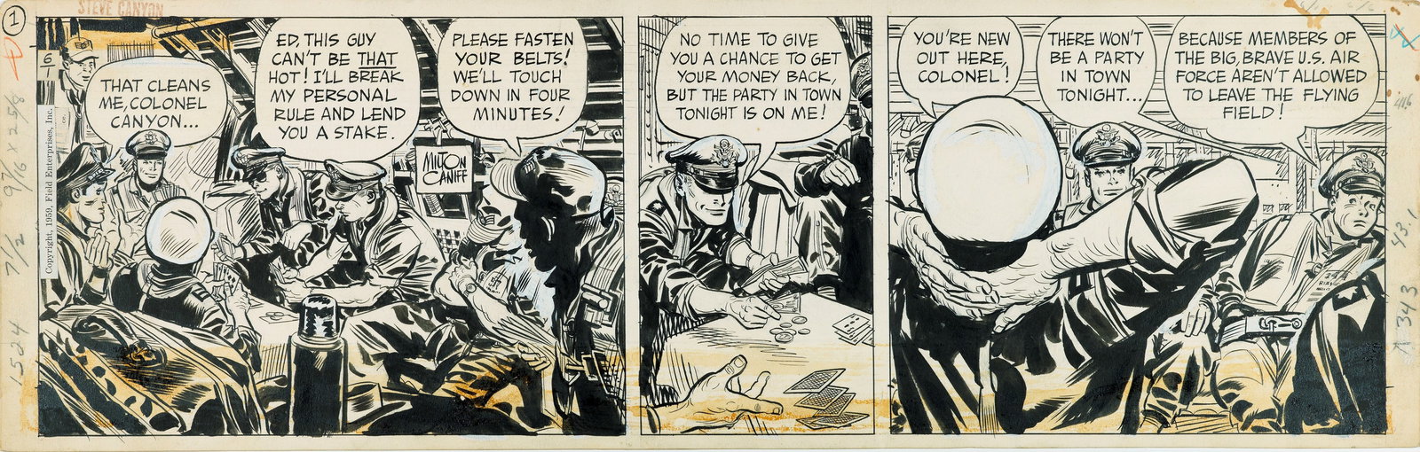 Caniff Milton - "Steve Canyon", 1959: Caniff Milton - "Steve Canyon", 1959 ITA matita e china su cartoncino, 58,5 x 18,5 cm Striscia giornaliera del 01/06/1959 per "Steve Canyon". Firmata e datata.________________________