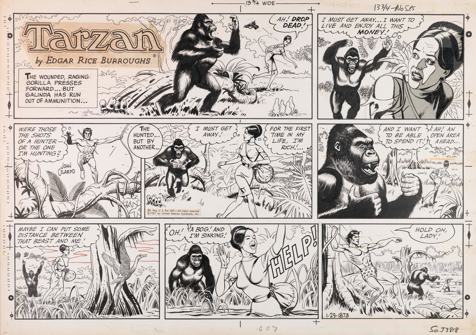 Celardo John - "Tarzan", 1967: Celardo John - "Tarzan", 1967 ITA matita, china e retino su cartoncino, 61 x 43 cm Tavola domenicale del 29/01/1967 per "Tarzan". Una fanciulla in difficoltà, un gorilla impazzit