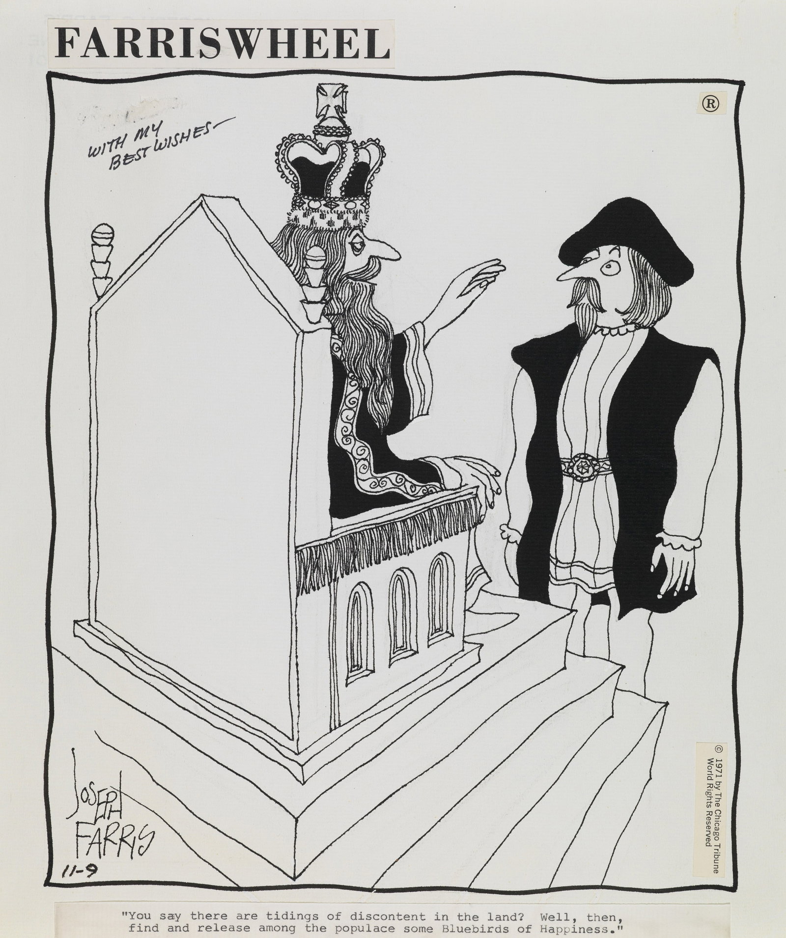 Farris Joseph - "Farris Wheel", 1971: Farris Joseph - "Farris Wheel", 1971 ITA matita e china su carta, 27,5 x 32,5 cm Tavola giornaliera del 09/11/1971 per "Farris Wheel". Piccola abrasione. Firmata, firmata e dedicata._