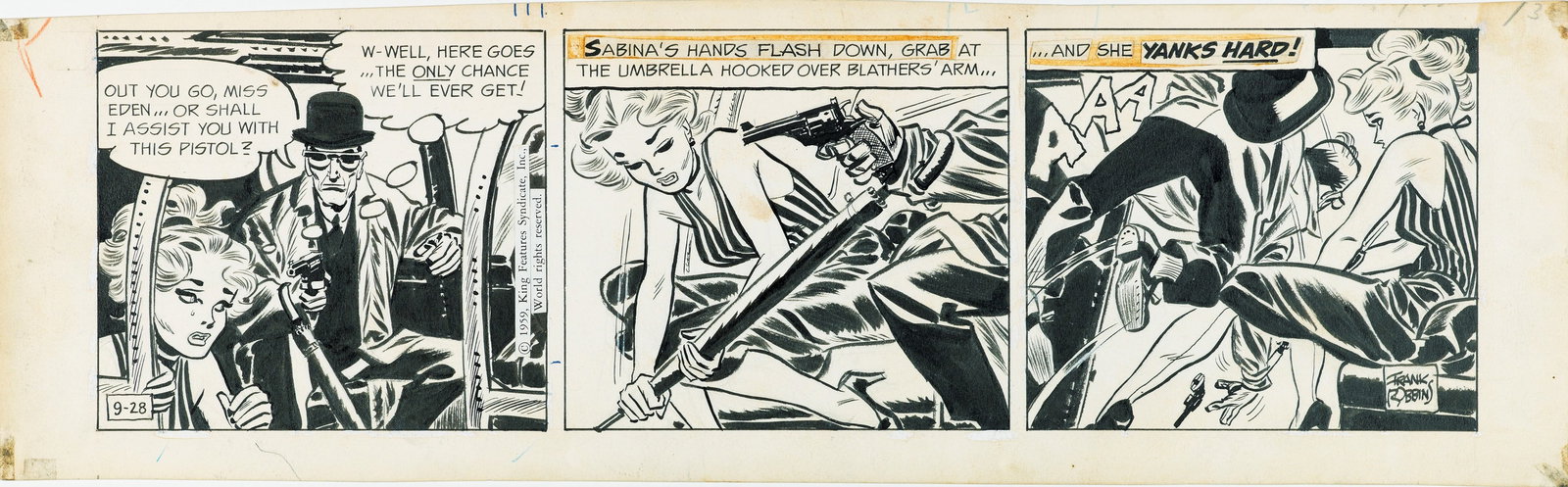 Robbins Frank - "Johnny Hazard", 1959: Robbins Frank - "Johnny Hazard", 1959 ITA matita e china su cartoncino, 43,5 x 13 cm Striscia giornaliera del 28/09/1959 per "Johnny Hazard". Firmata._________________________________