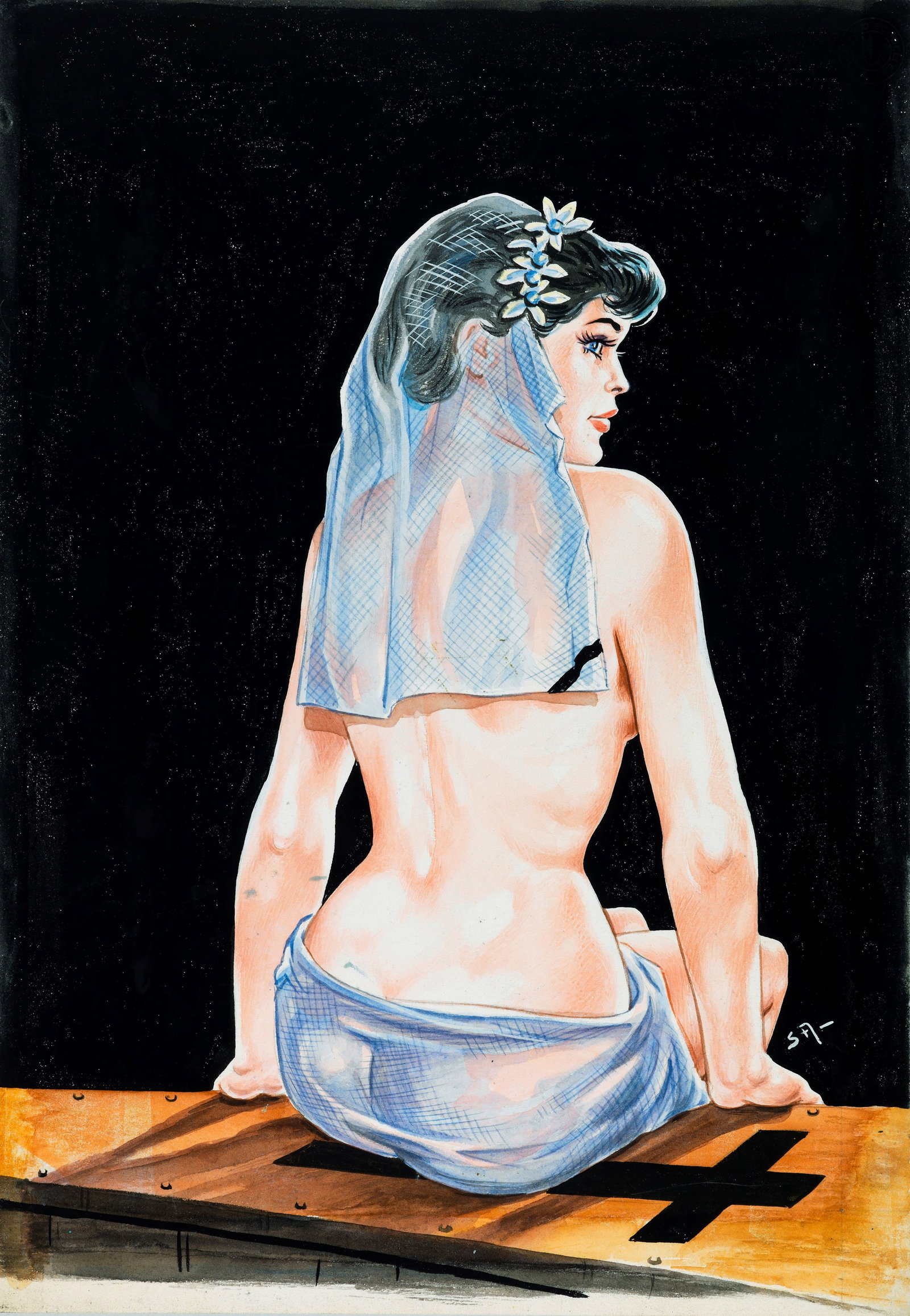 Angiolini Sandro - "Goldrake - Una bara per tutti", 1967: Angiolini Sandro - "Goldrake - Una bara per tutti", 1967 ITA tempera su cartone, 25,5 x 36,5 cm Originale di copertina realizzato da Angiolini per "Una bara per tutti", edito su