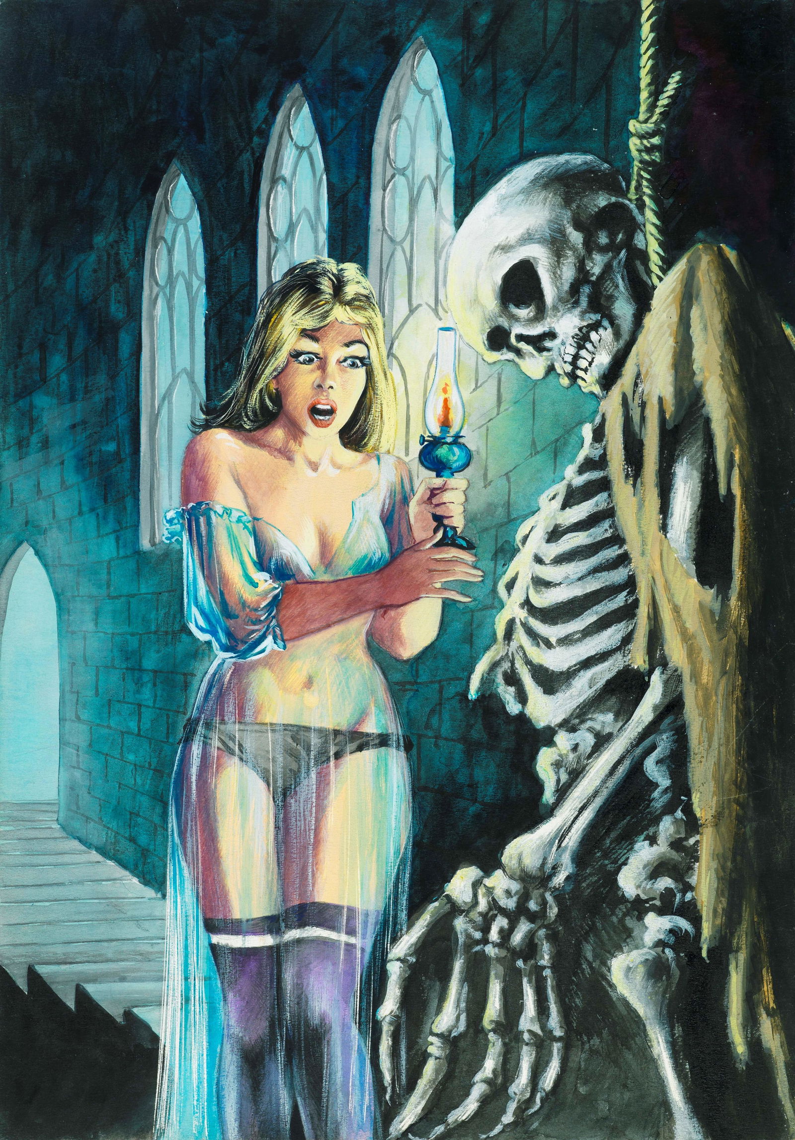 Biffi Leandro - "Jacula - Viaggio nel tempo", 1971: Biffi Leandro - "Jacula - Viaggio nel tempo", 1971 ITA tempera su cartone, 25,5 x 36,5 cm Originale di copertina realizzato da Biffi per "Viaggio nel tempo", edito su Jacula n. 57