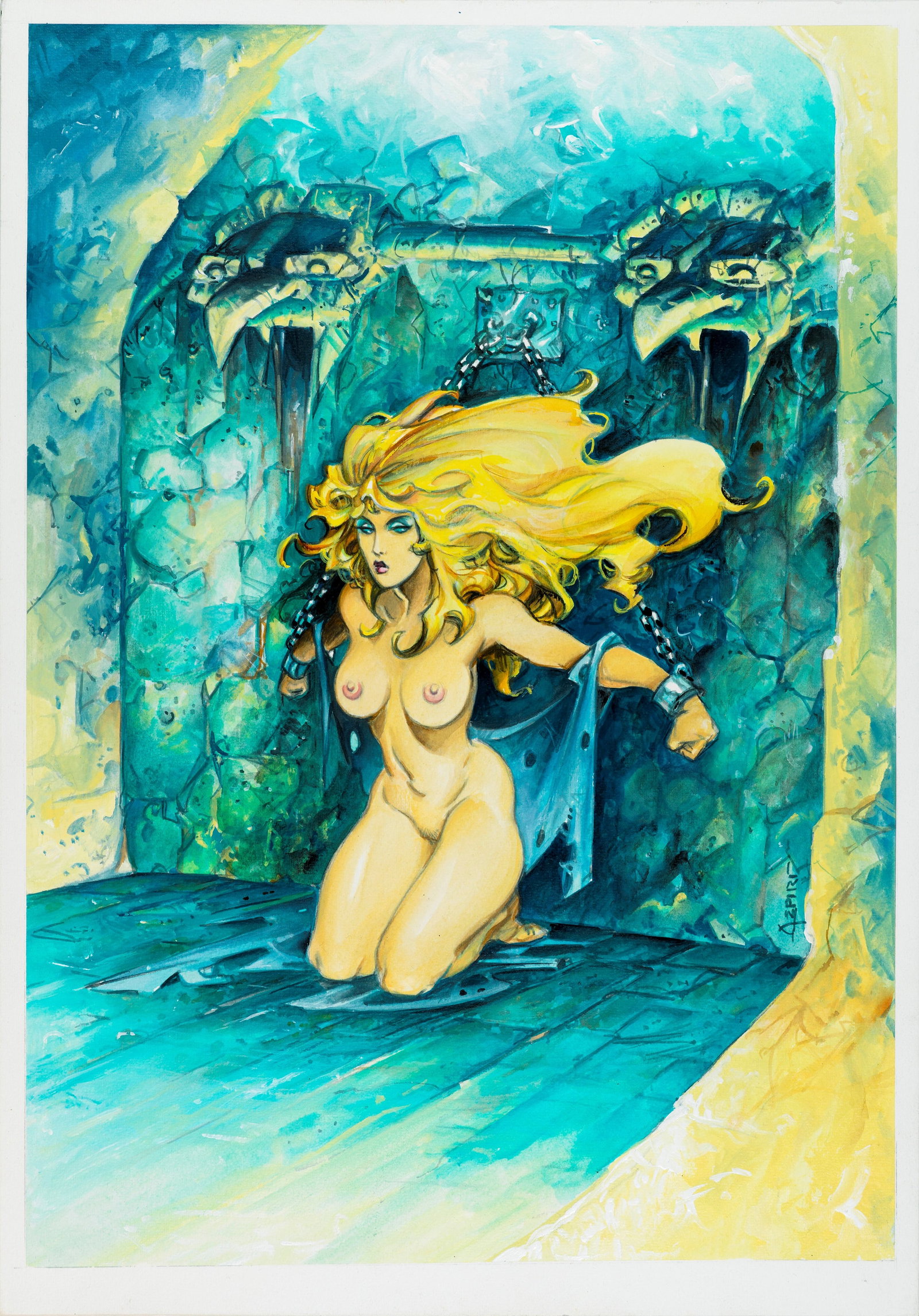 Azpiri Alfonso - "Lorna in chain", anni 90: Azpiri Alfonso - "Lorna in chain", anni 90 ITA china, acquerello e tempera su cartone, 35 x 50 cm Illustrazione originale realizzata da Azpiri per la sua sexy avventuriera Lorna. Firmata.____