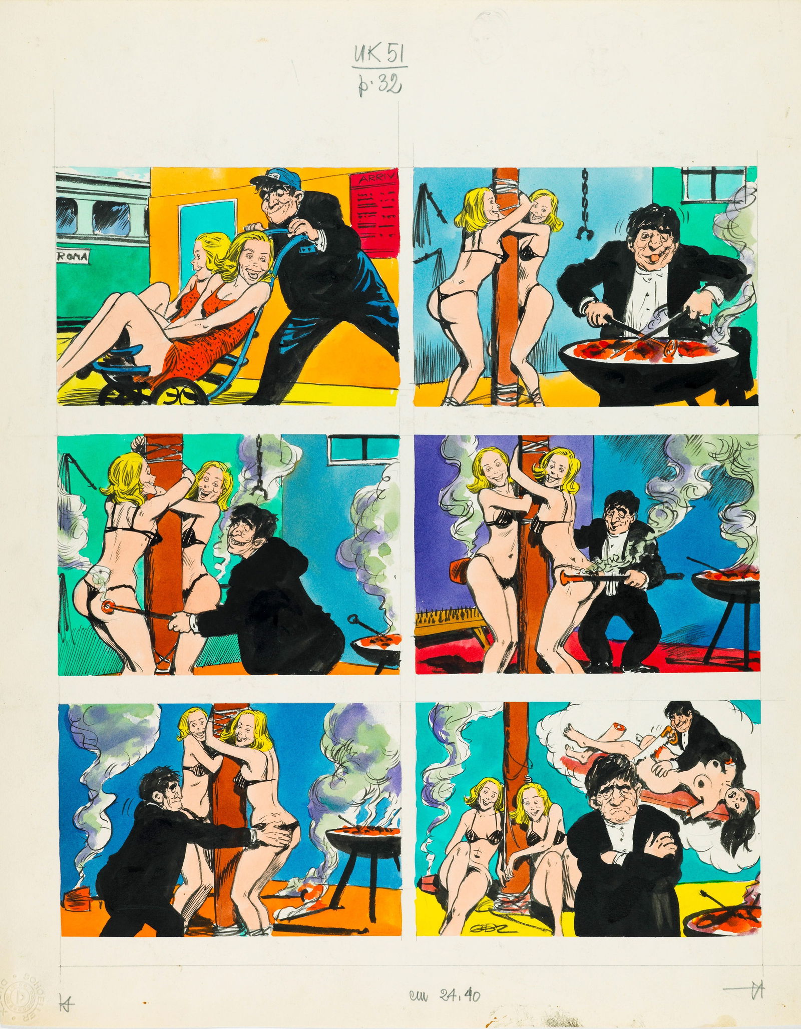 Buzzelli Guido - "Il torturatore", 1972: Buzzelli Guido - "Il torturatore", 1972 ITA tempera su cartoncino, 44 x 34,5 cm Tavola originale realizzata da Buzzelli per il settimanale eroticomico Menelik n. 51 del 1972. Firmata.________