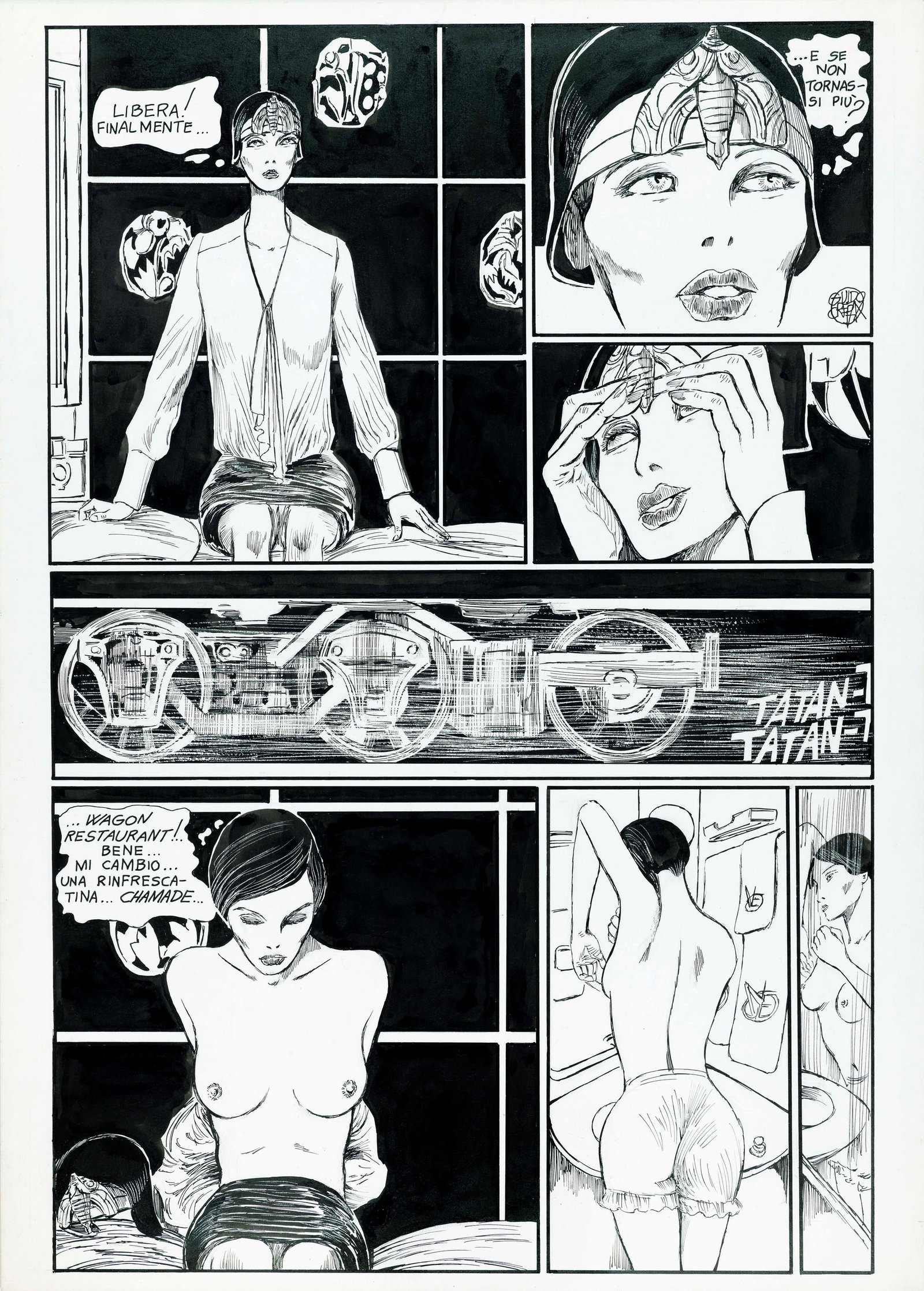 Crepax Guido - "Scambio imprevisto", 1992: Crepax Guido - "Scambio imprevisto", 1992 ITA matita e china su cartone, 36,5 x 51 cm Tavola originale realizzata da Crepax per la pag. 8 di "Scambio imprevisto", storia pubblicata pe