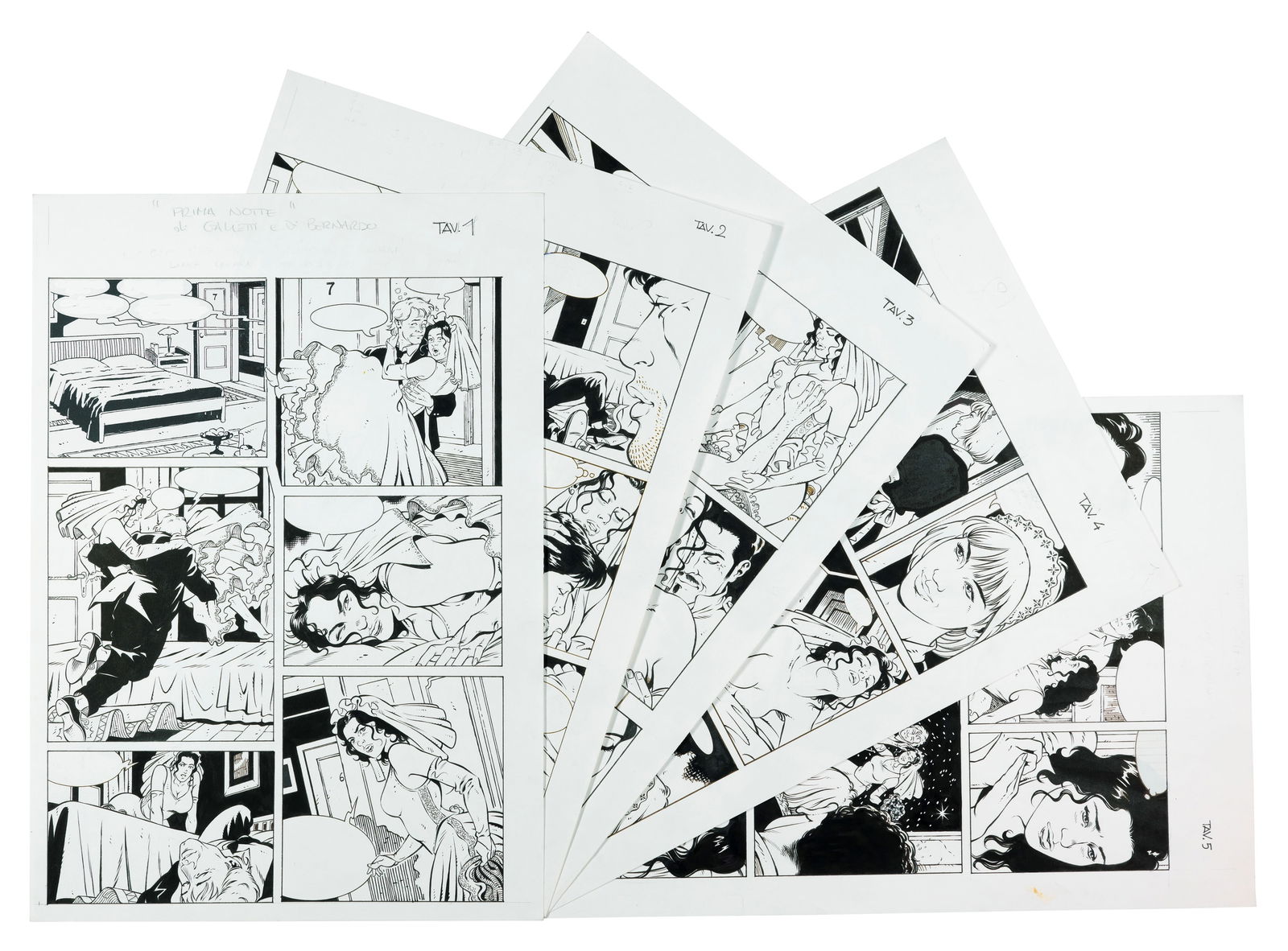 Di Bernardo Giuseppe - "Prima notte", 1998: Di Bernardo Giuseppe - "Prima notte", 1998 ITA matita e china su cartoncino, 30 x 42,5 cm ciascuno Storia completa composta da 5 tavole originali realizzate da Di Bernardo per la storia "