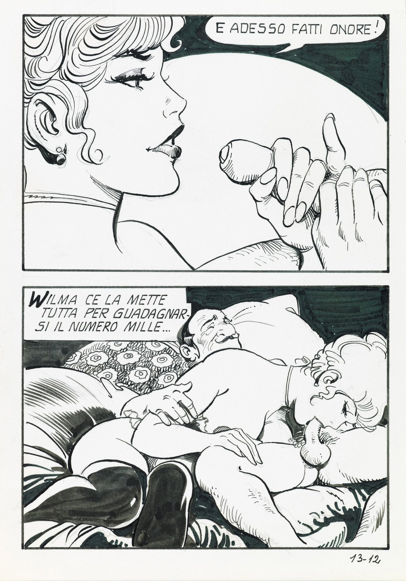 Frollo Leone - "Casino - La millesima volta", 1986: Frollo Leone - "Casino - La millesima volta", 1986 ITA matita e china su cartoncino, 14,5 x 21 cm Tavola originale realizzata da Frollo per "La millesima volta", edita su Casino n. 13