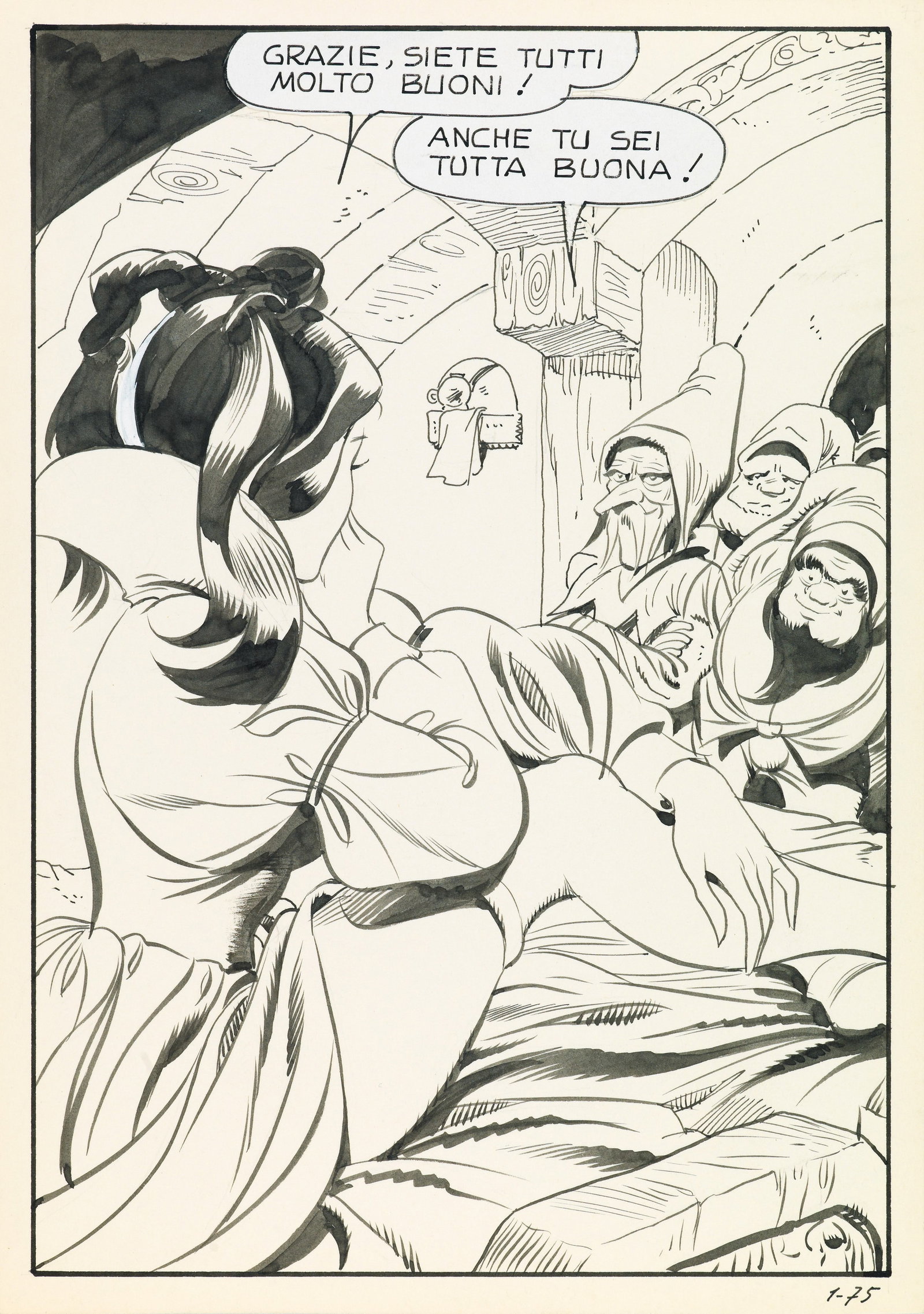 Frollo Leone - "Biancaneve - I Sette Nani viziosi", 1972: Frollo Leone - "Biancaneve - I Sette Nani viziosi", 1972 ITA matita e china su cartoncino, 14,5 x 20,5 cm Tavola originale realizzata da Frollo per "I Sette Nani viziosi", lo storico