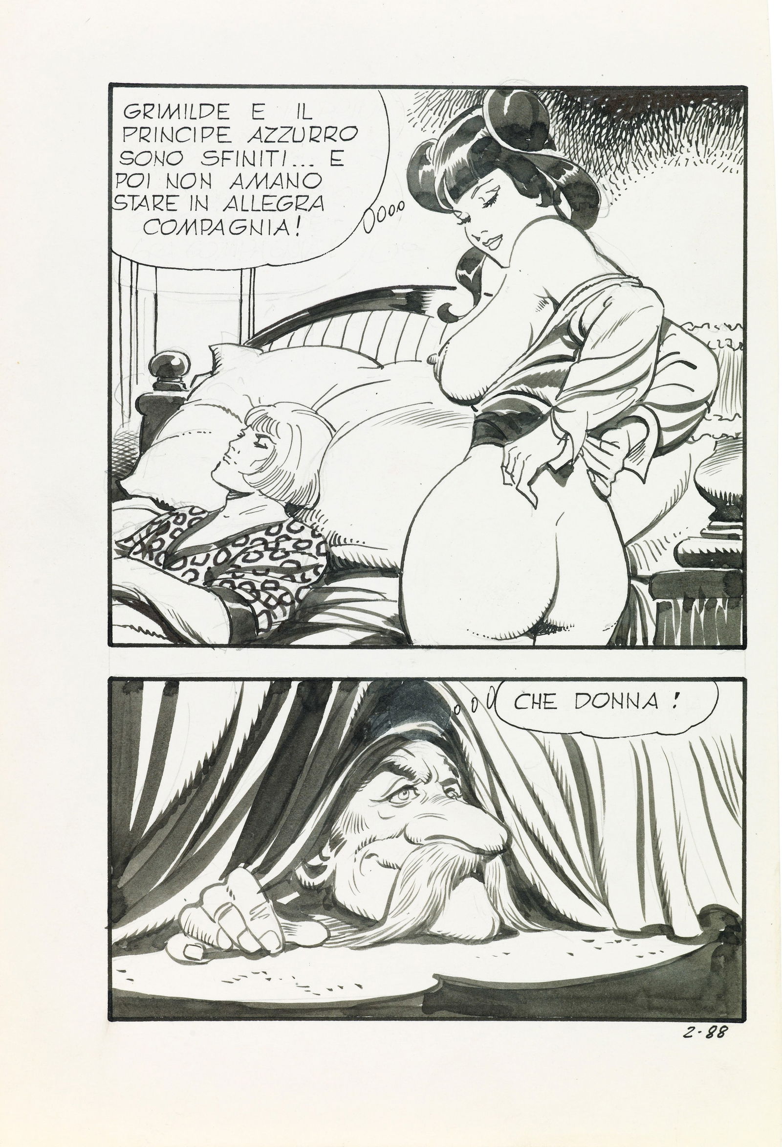 Frollo Leone - "Biancaneve - La fata Mignotta", 1972: Frollo Leone - "Biancaneve - La fata Mignotta", 1972 ITA matita e china su cartoncino, 16 x 23,5 cm Tavola originale realizzata da Frollo per "La fata Mignotta", edita su Biancaneve n