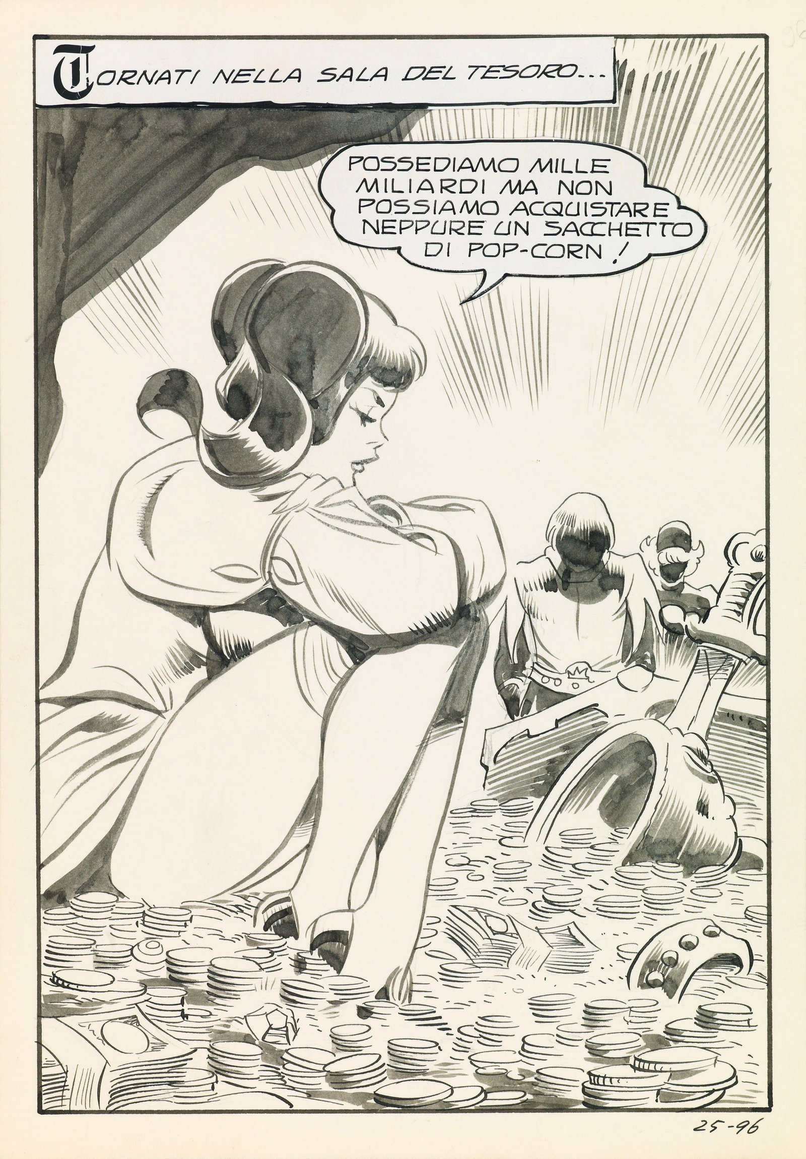 Frollo Leone - "Biancaneve - L‘oro dei ladroni", 1974: Frollo Leone - "Biancaneve - L‘oro dei ladroni", 1974 ITA matita e china su cartoncino, 14,5 x 20,5 cm Tavola originale realizzata da Frollo per "L‘oro dei ladroni", edita