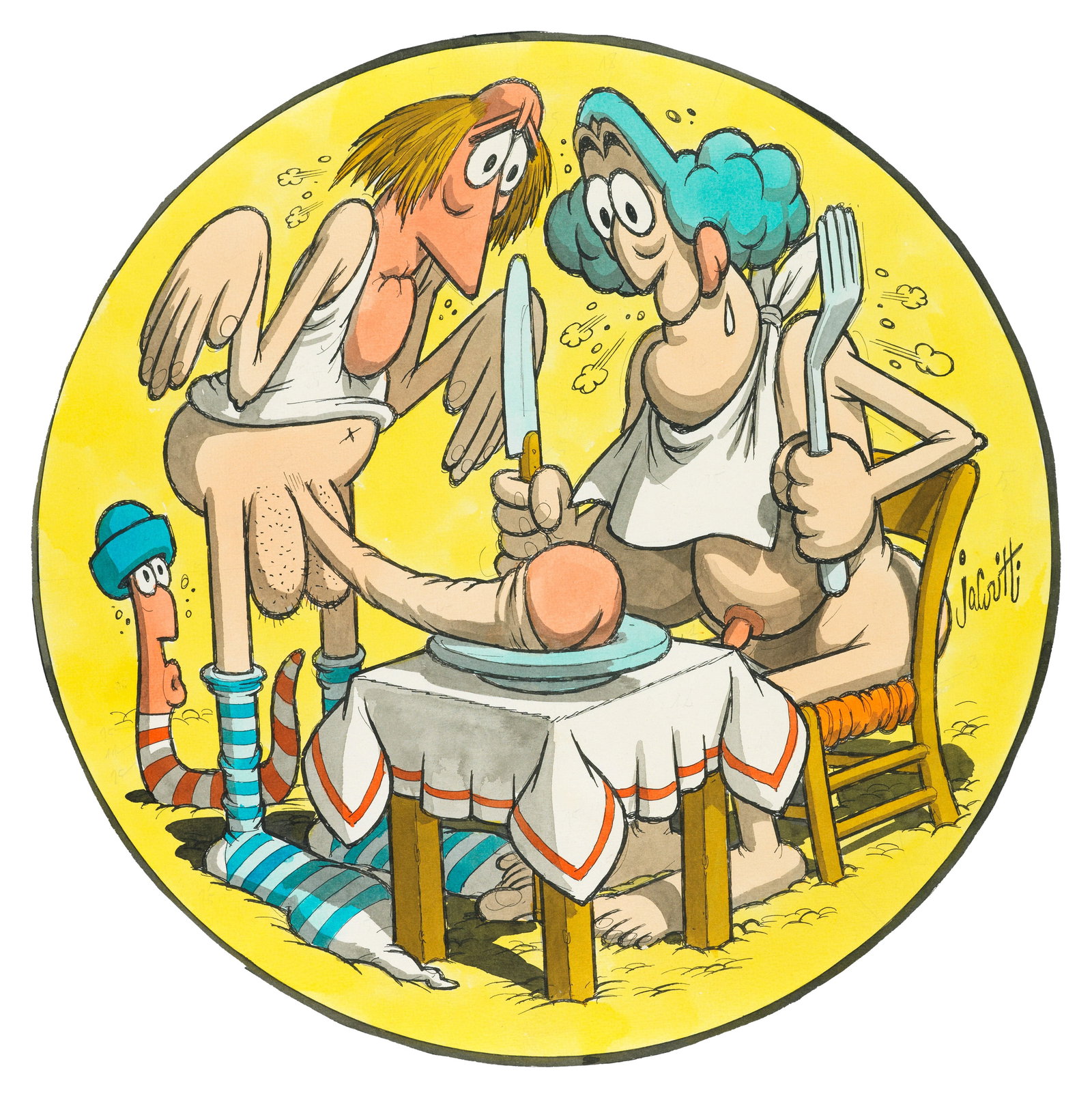 Jacovitti Benito - "Kamasultra", 1982: Jacovitti Benito - "Kamasultra", 1982 ITA matita, china e ecoline su cartoncino, 30,5 x 30,5 cm Illustrazione originale realizzata da Jacovitti su richiesta dello Jacovitti Club una serie di