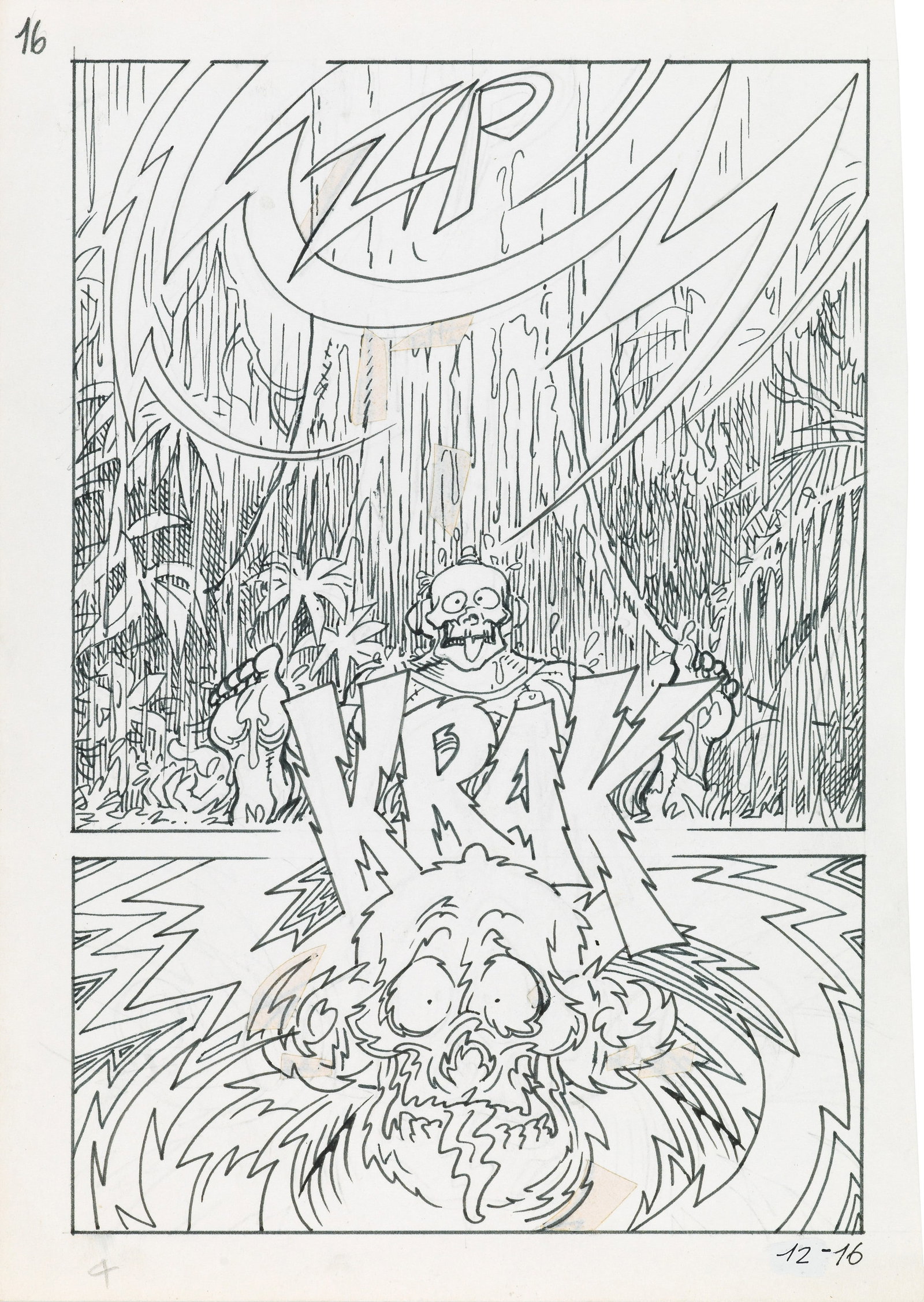 Magnus (Roberto Raviola) - "Necron - Sopraffatta dai mostri", 1983: Magnus (Roberto Raviola) - "Necron - Sopraffatta dai mostri", 1983 ITA matita e china su cartoncino, 17,5 x 25 cm Tavola originale realizzata da Magnus per "Sopraffatta dai mostri", e