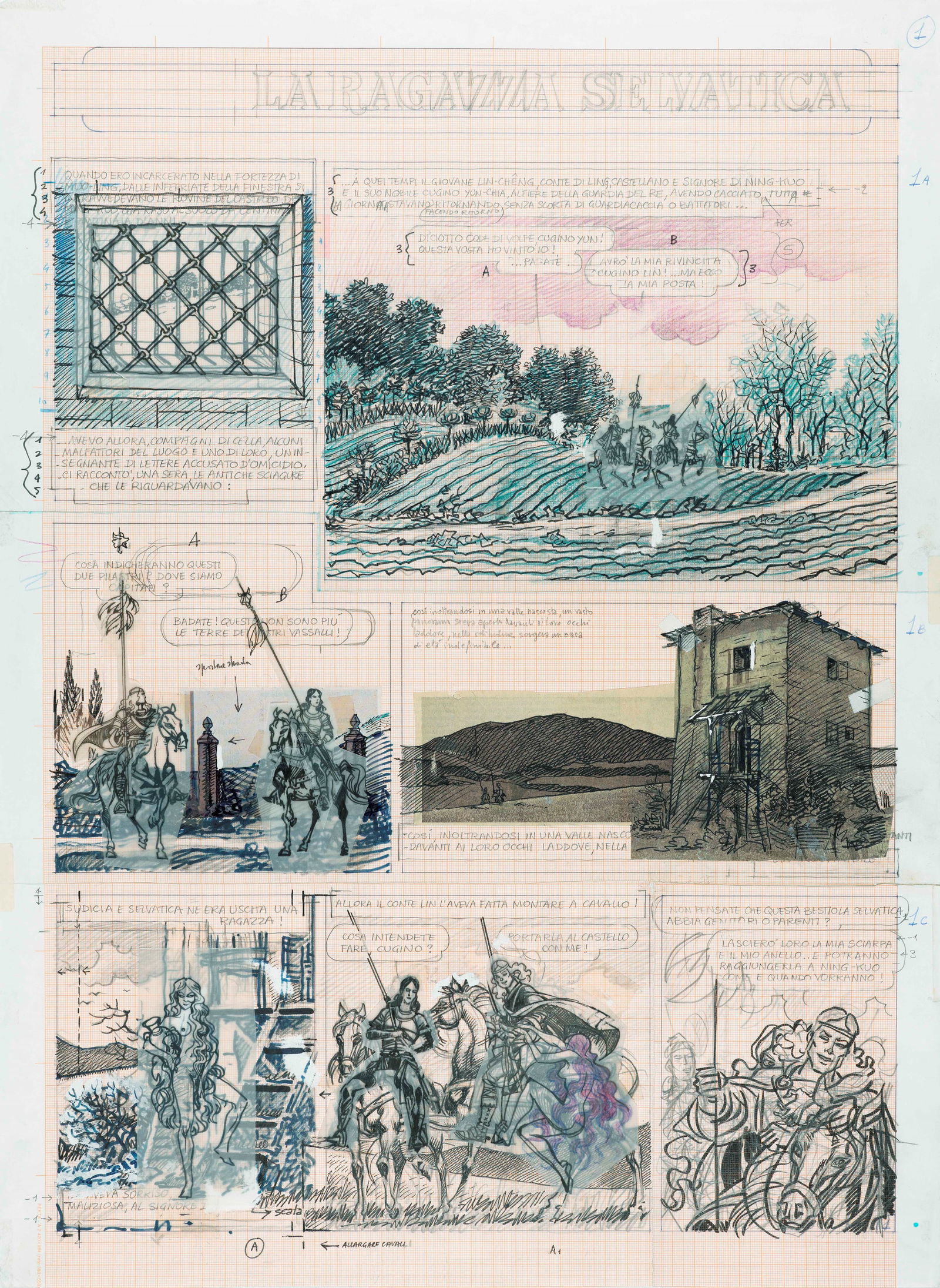 Magnus (Roberto Raviola) - "Le Femmine incantate - La ragazza selvatica", 1990: Magnus (Roberto Raviola) - "Le Femmine incantate - La ragazza selvatica", 1990 ITA matita, china pastelli e collage su carta millimetrata e lucido, 42 x 57 cm Studio preliminare realizzato da