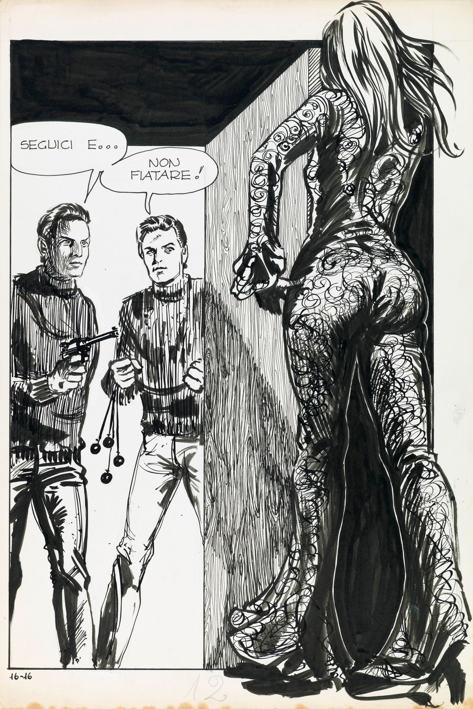 Manara Milo - "Genius - AAA. Corpo perfetto cercasi", 1970: Manara Milo - "Genius - AAA. Corpo perfetto cercasi", 1970 ITA matita e china su cartoncino, 23,5 x 35 cm Splash page originale realizzata da Manara per "AAA. Corpo perfetto cercasi",