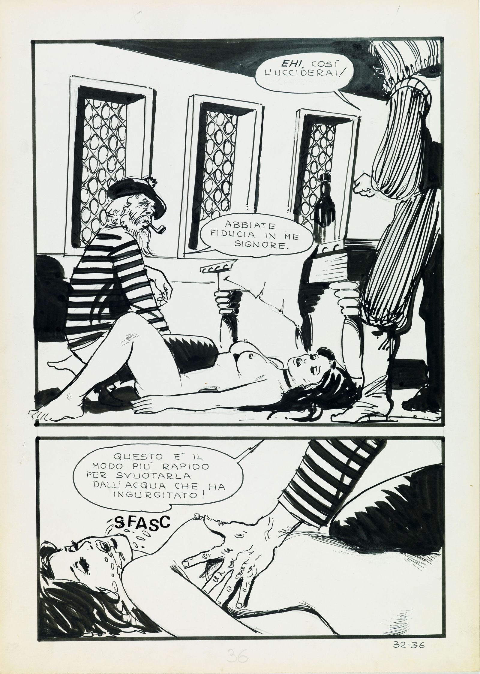 Manara Milo - "Jolanda de Almaviva - Fratelli della Filibusta", 1971: Manara Milo - "Jolanda de Almaviva - Fratelli della Filibusta", 1971 ITA matita e china su cartoncino, 25 x 35 cm Tavola originale realizzata da Manara per "Fratelli della Filibusta",