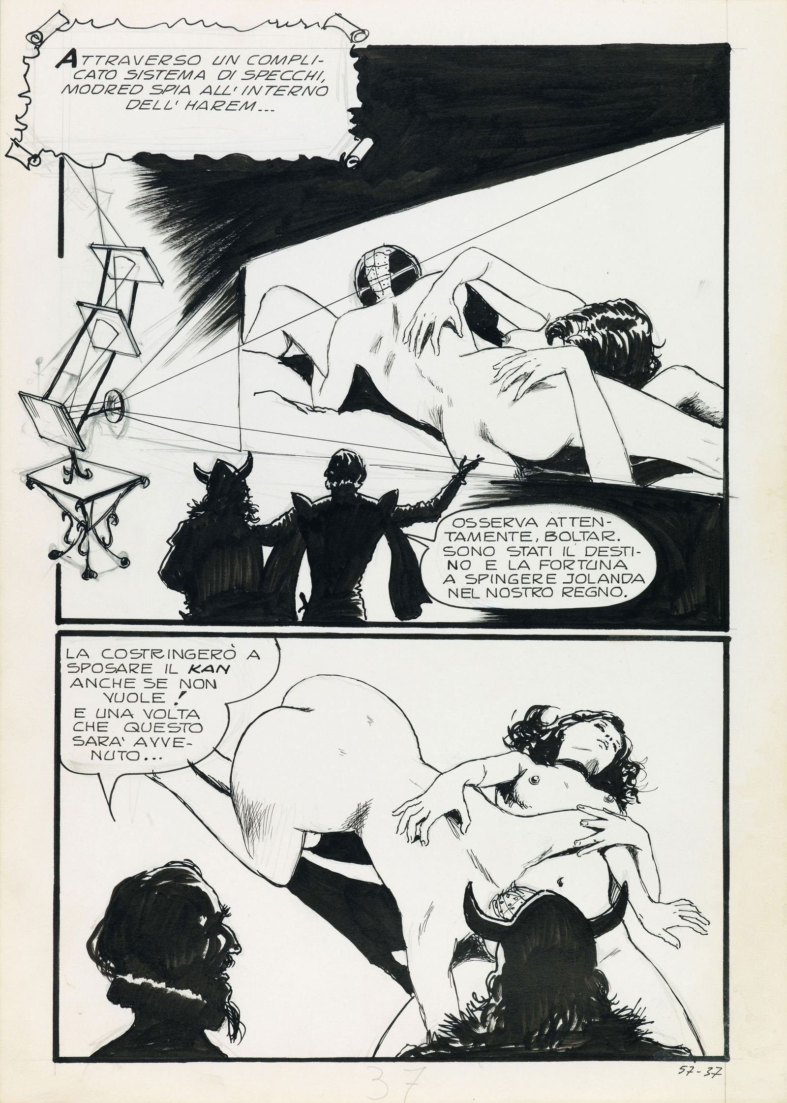 Manara Milo - "Jolanda de Almaviva - La città proibita", 1973: Manara Milo - "Jolanda de Almaviva - La città proibita", 1973 ITA matita e china su cartoncino, 25 x 35 cm Tavola originale realizzata da Manara per "La città proibita", edi