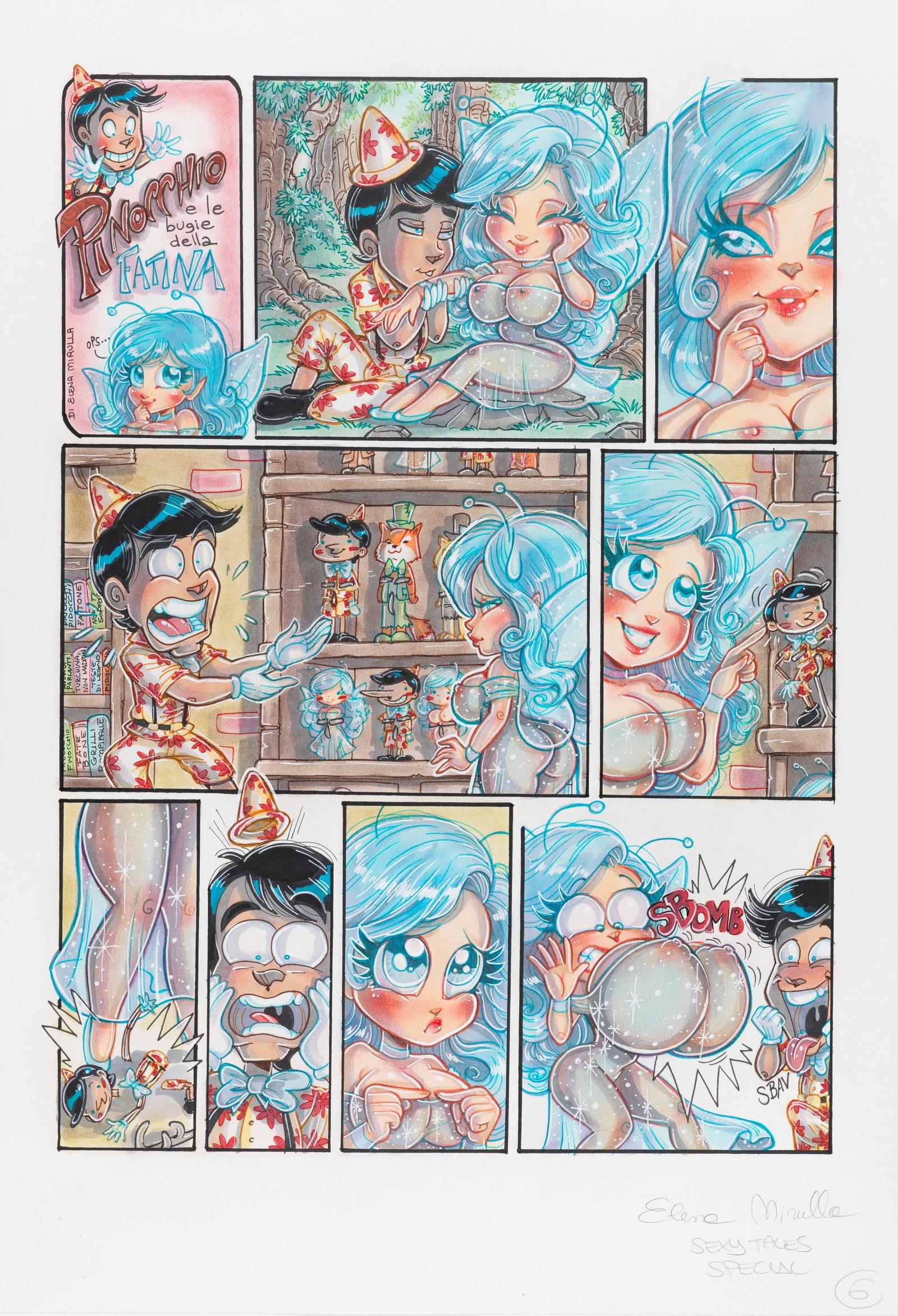 Mirulla Elena - "Pinocchio e le bugie della fatina", 2016: Mirulla Elena - "Pinocchio e le bugie della fatina", 2016 ITA tecnica mista su cartoncino, 33 x 48 cm Tavola originale realizzata dalla Mirulla per "Pinocchio e le bugie della fatina"