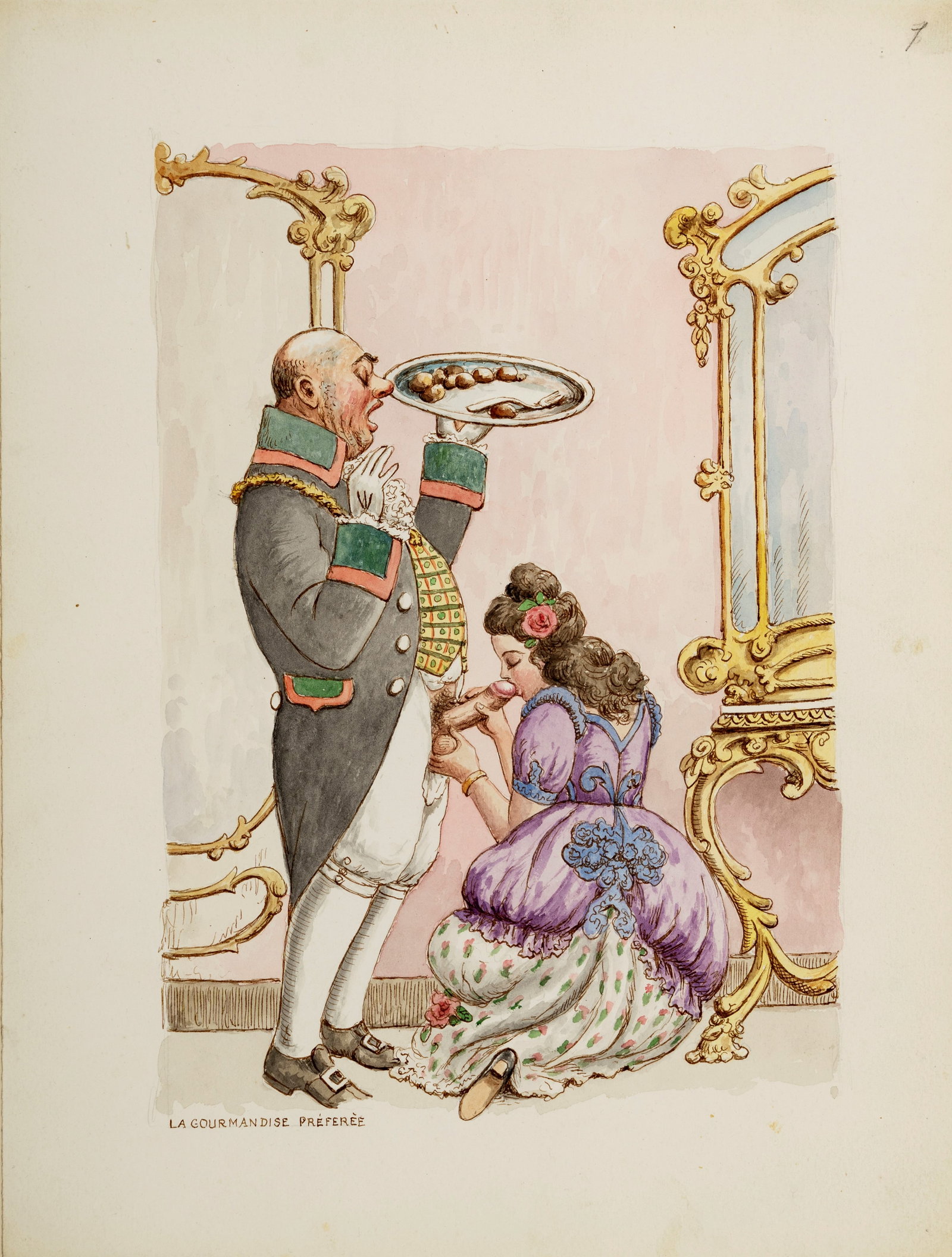 A.N.I. (Autore non identificato) - "La gourmandise preferée (Il mio dolcetto preferito)": A.N.I. (Autore non identificato) - "La gourmandise preferée (Il mio dolcetto preferito)", primi del 900 ITA china e acquerello su cartoncino, 26 x 34,5 cm ciascuno Lotto composto da 8 il