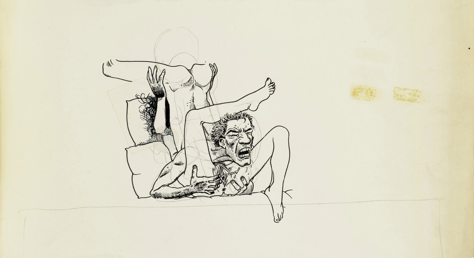 Pazienza Andrea - "La posizione del Caimano", anni 80: Pazienza Andrea - "La posizione del Caimano", anni 80 ITA matita e china su cartoncino, 34 x 18 cm Disegno originale realizzato da Pazienza durante gli anni ‘80. L‘erotismo ha att