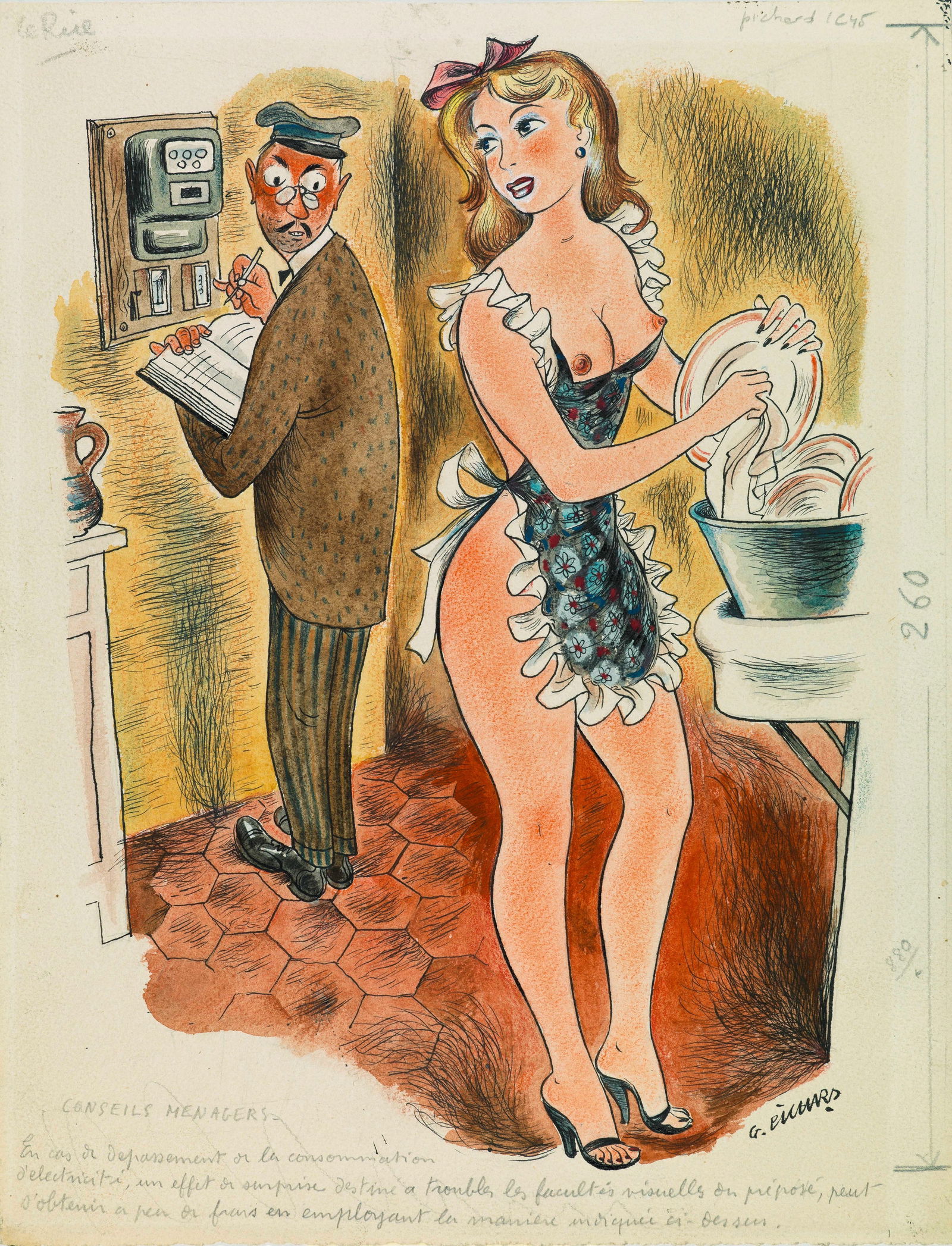 Pichard Georges - "Le Rire - Conseils menagers", anni 50: Pichard Georges - "Le Rire - Conseils menagers", anni 50 ITA china e acquerello su cartoncino, 25 x 32,5 cm Illustrazione originale realizzata da Pichard alla fine degli anni ‘50 per il gio