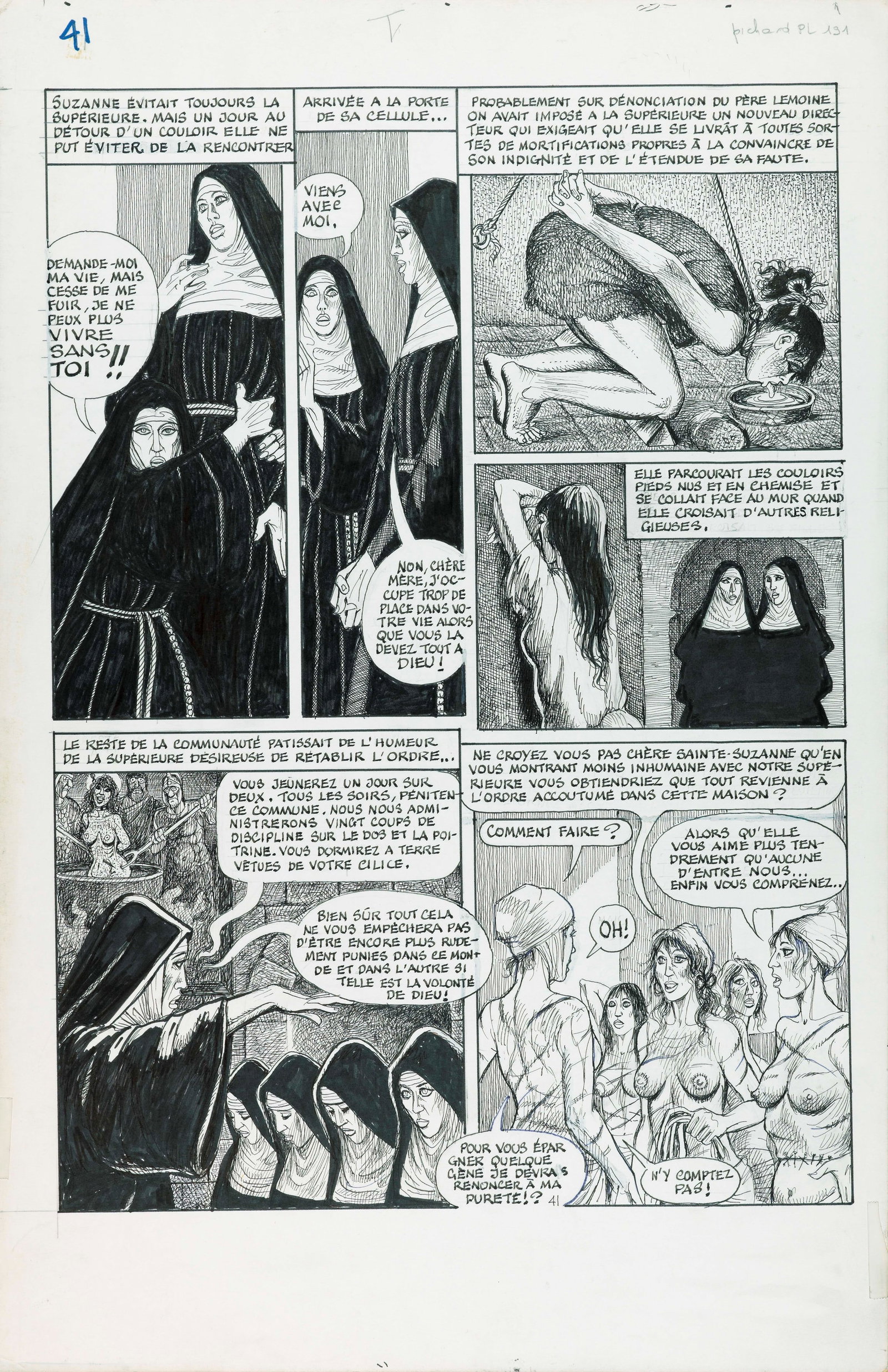 Pichard Georges - "La religieuse", 1995: Pichard Georges - "La religieuse", 1995 ITA matita e china su cartone, 32,5 x 50 cm Tavola originale realizzata da Pichard per "La religieuse", edita per la prima volta a pag. 41 dall